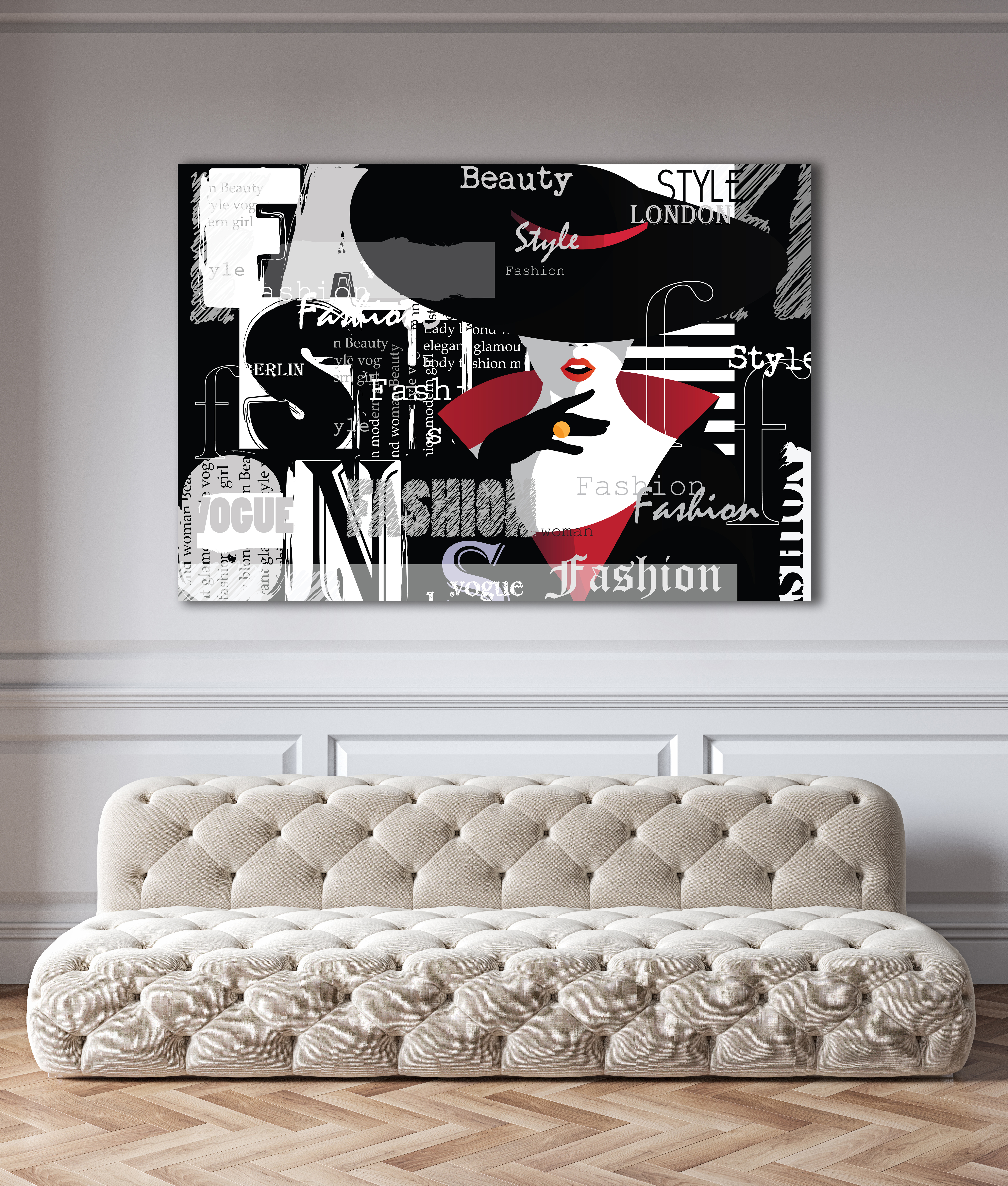Wandbild Querformat Titel: Lady Hut Mode Art Typo - Bild Wanddeko Alu Dibond Leinwand Acrylglas Holzbalken Butlerfinish Poster 