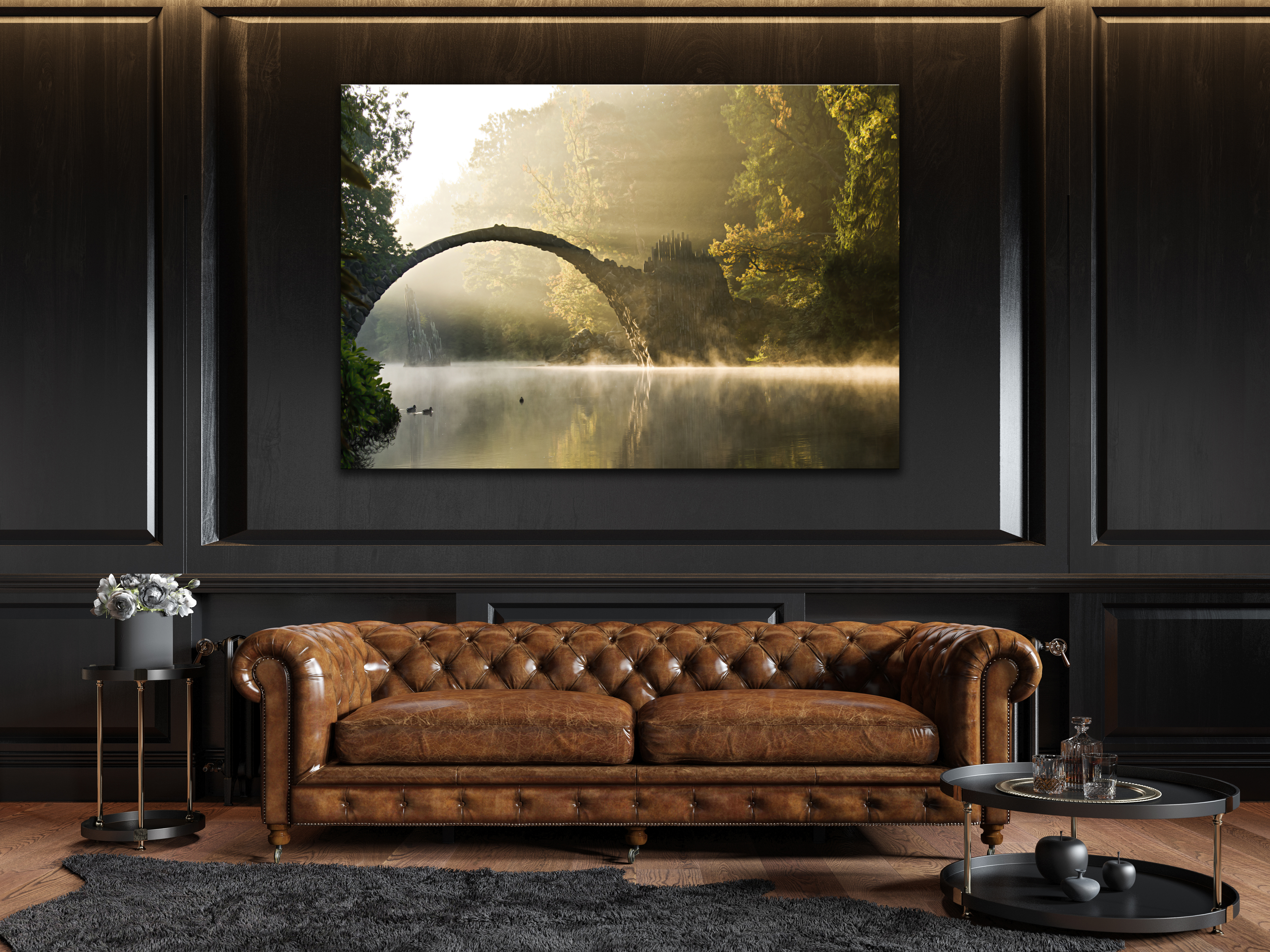 Wandbild Querformat Titel: Grüne Brücke mystische Landschaft - Bild Wanddeko Alu Dibond Leinwand Acrylglas Holzbalken Butlerfinish Poster