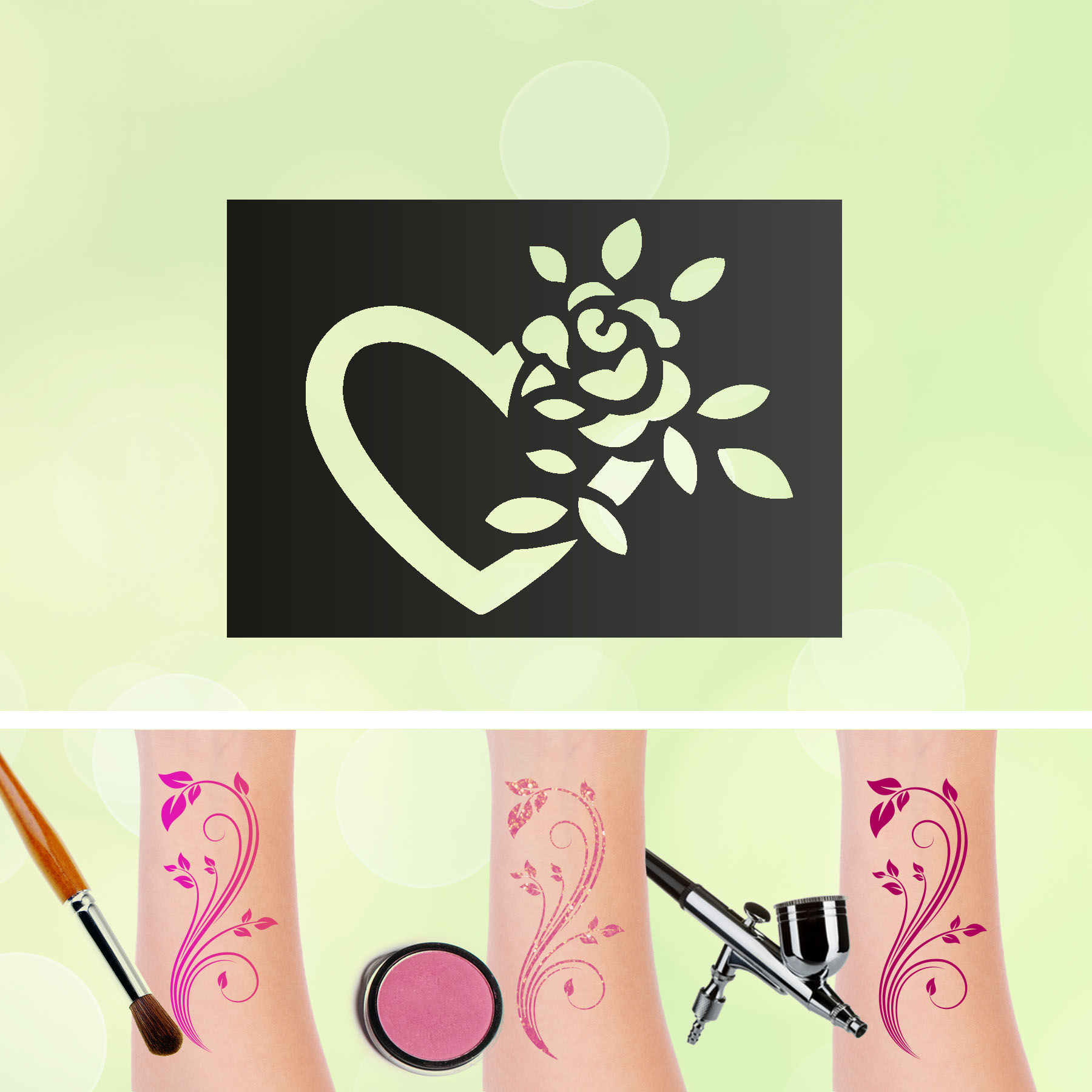 Tattoo Schablonen Herz mit Rose Selbstklebend Kinderschminken Airbrush