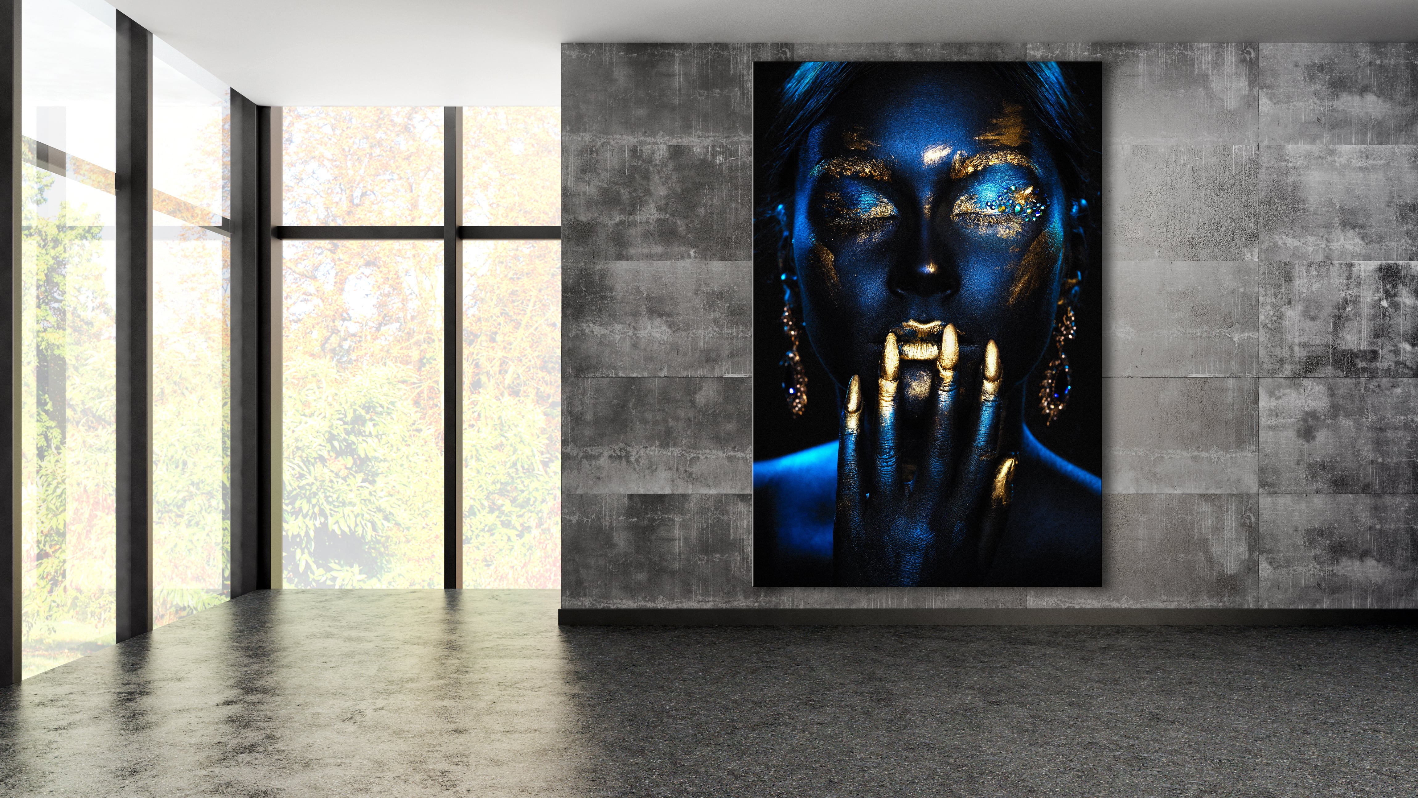 Wandbild Hochformat Titel: Beauty Girl fantasy blau Porträt Bild Wanddeko Alu Dibond Leinwand Acrylglas Holzbalken Butlerfinish Poster 