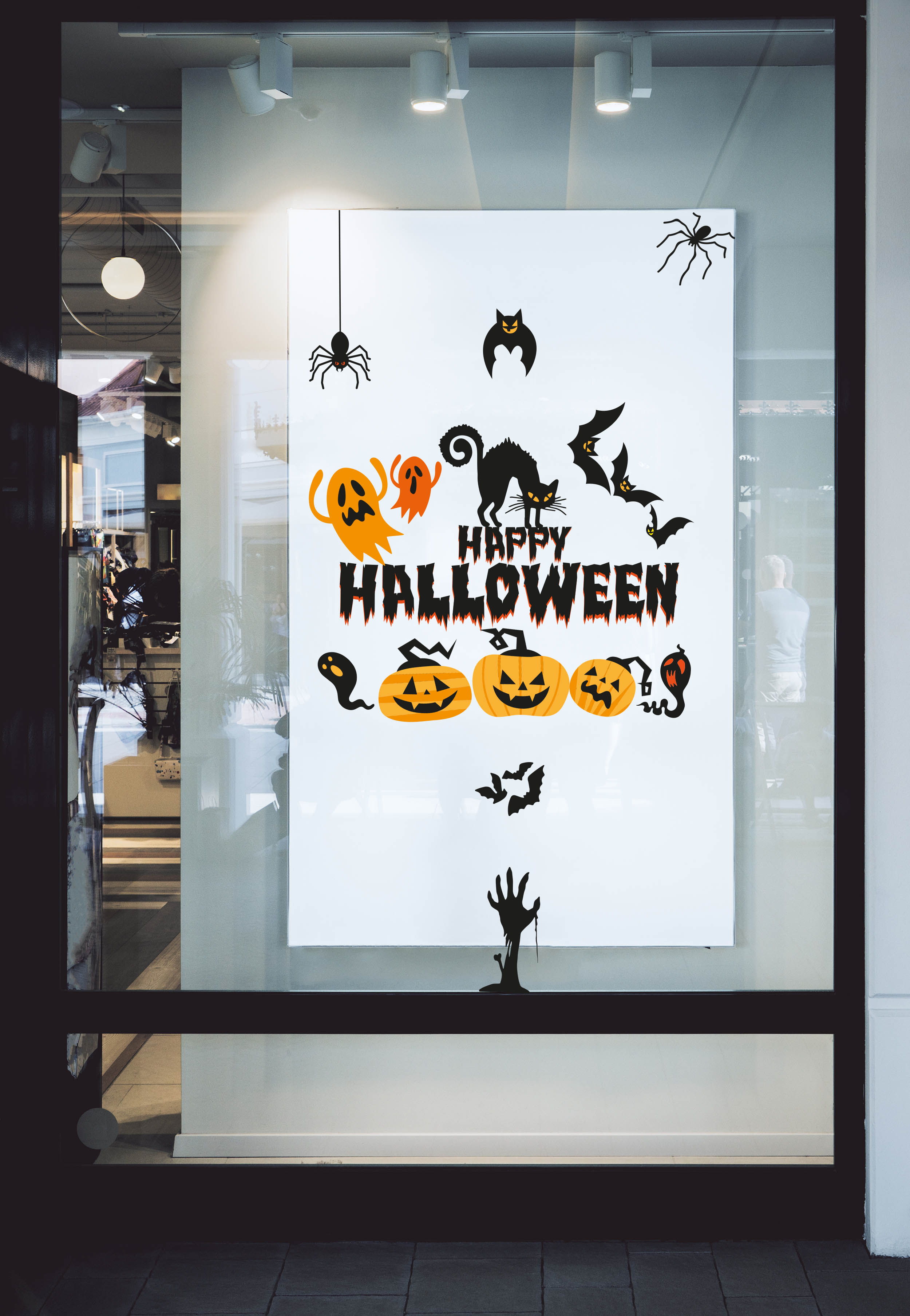 Aufkleber Halloween Set Klein für Fenster Schaufenster Dekoration Gruselig Kürbis Spinne Fledermaus Gespenst