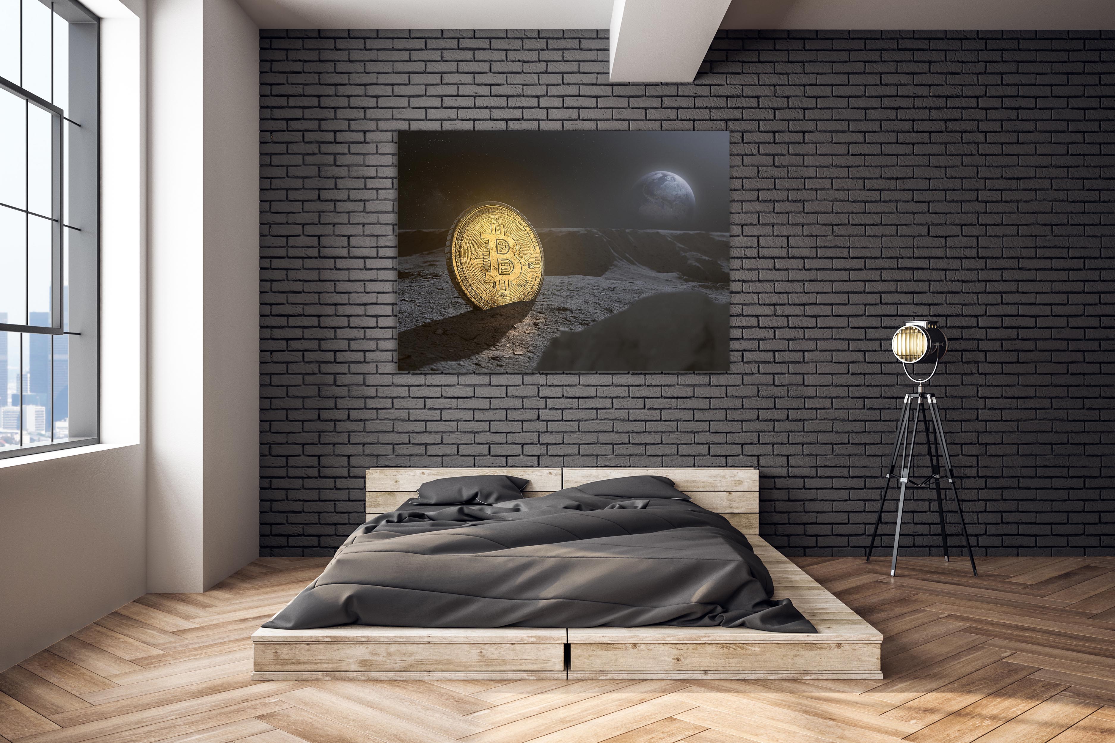 Wandbild Querformat Titel: Bitcoin to the moon - Bild Wanddeko Alu Dibond Leinwand Acrylglas Holzbalken Butlerfinish Poster