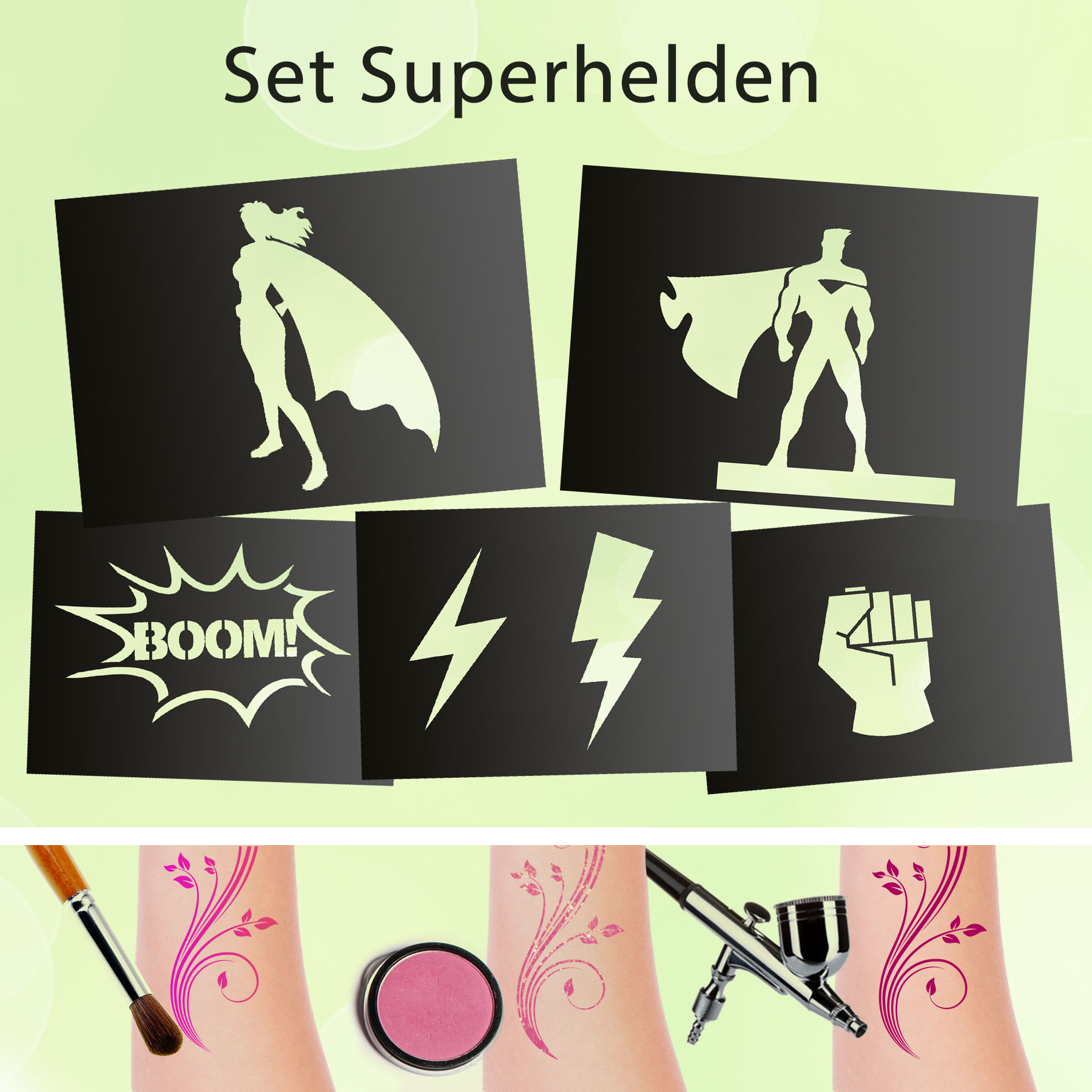 Tattoo Schablonen SET Superhelden (5 Stück) Selbstklebend Kinderschminken Airbrush
