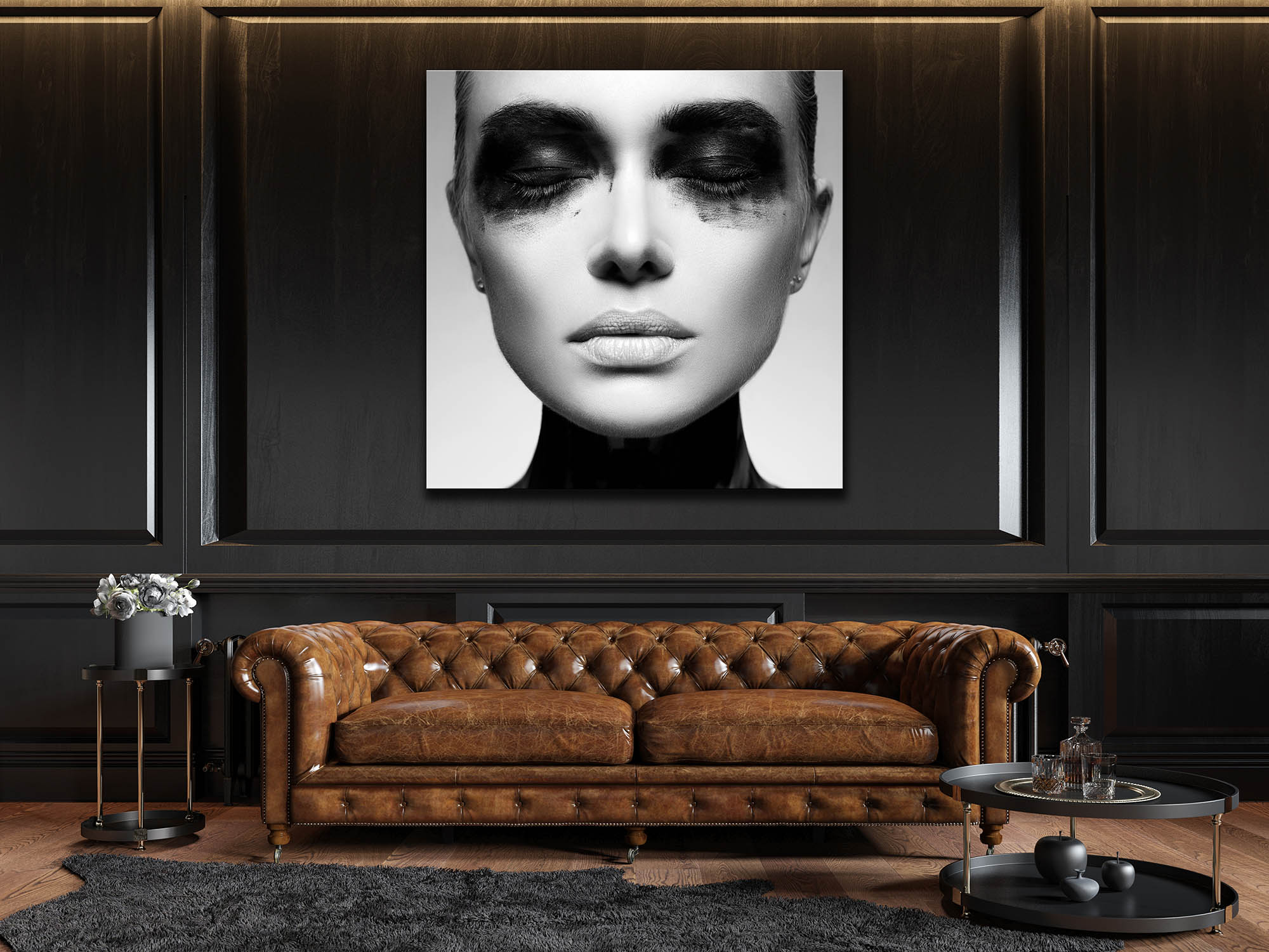 Wandbild Wandbilder Quadratisch Titel: Gesicht Girl schwarz weiß Wanddeko Bild für Wohnzimmer auf Alu Dibond Leinwand Acrylglas Holzbalken Butler Finish Poster