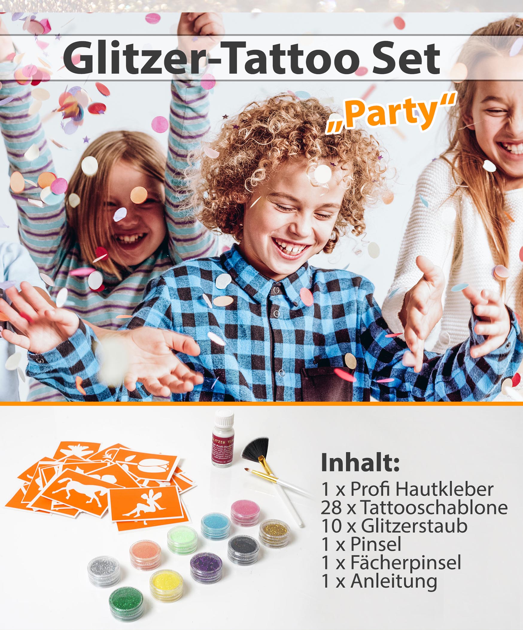 Glitzer Tattoo SET PARTY mit Profikleber, 2x Pinsel, 10x Glitzer, 28x Tattooschablone