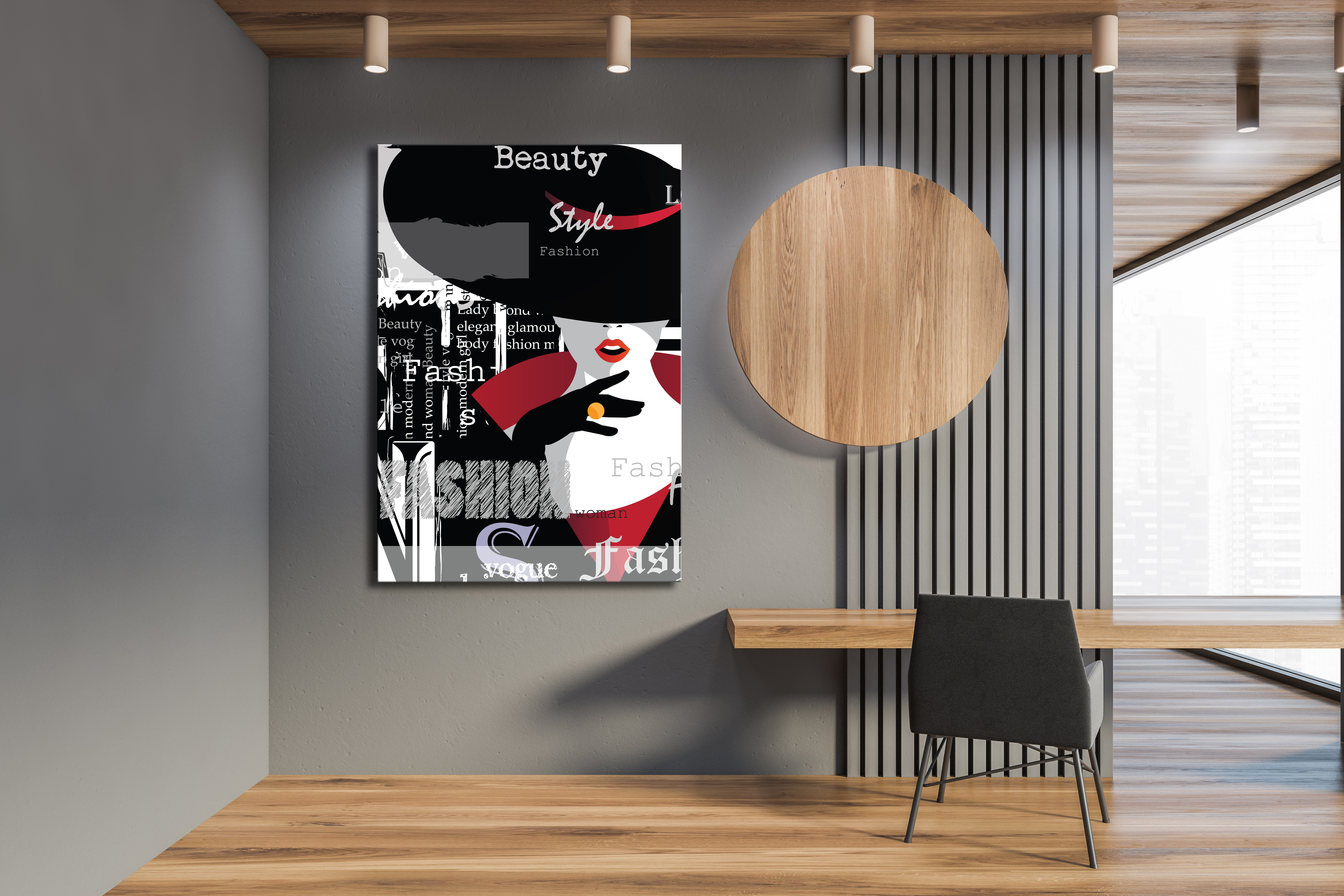 Wandbild Hochformat Titel: Lady Hut Mode Art Typo - Bild Wanddeko Alu Dibond Leinwand Acrylglas Holzbalken Butlerfinish Poster 