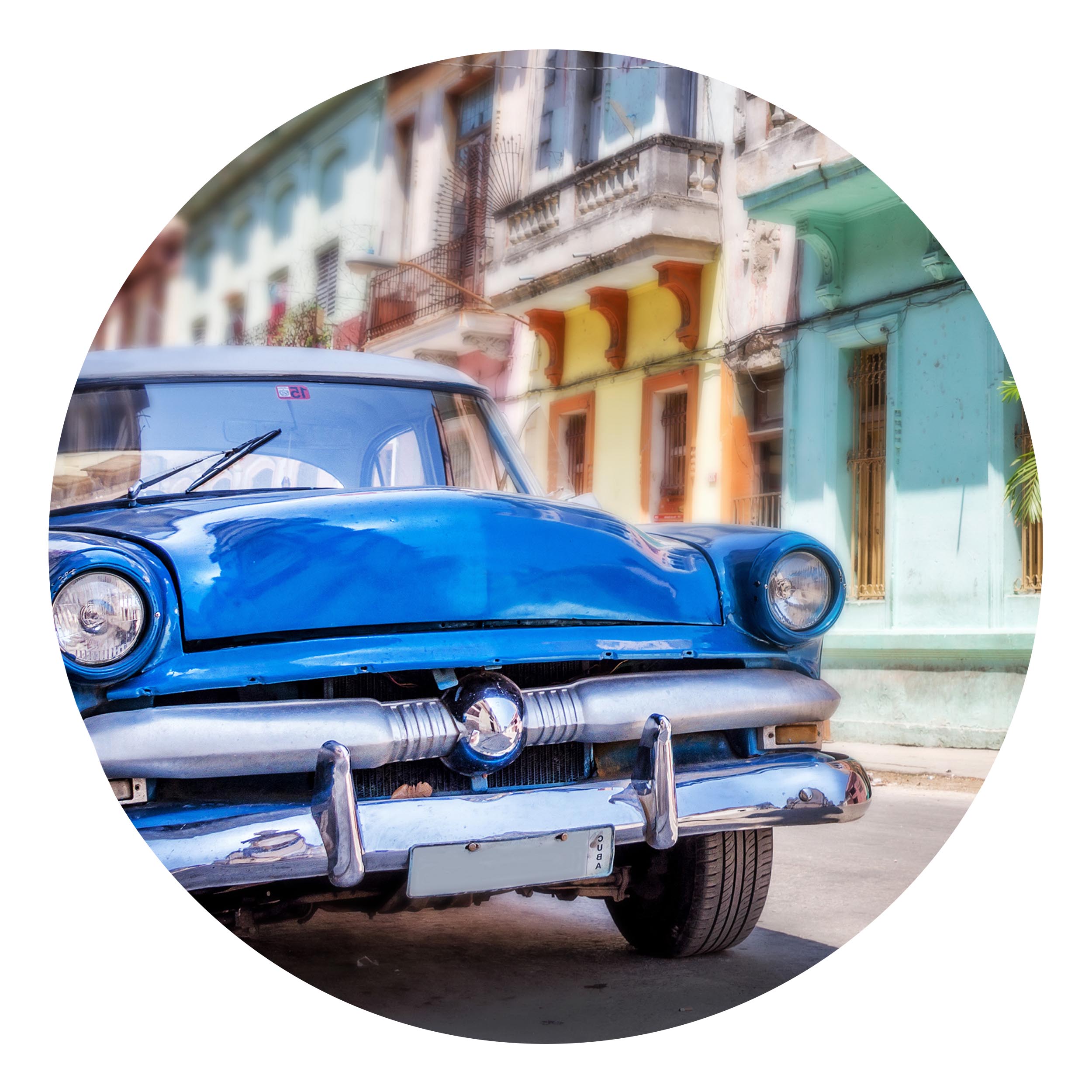 Wandbild Rund Titel: Kuba Auto Oldtimer blau - Bild Wanddeko Alu Dibond oder Butlerfinish Kopie