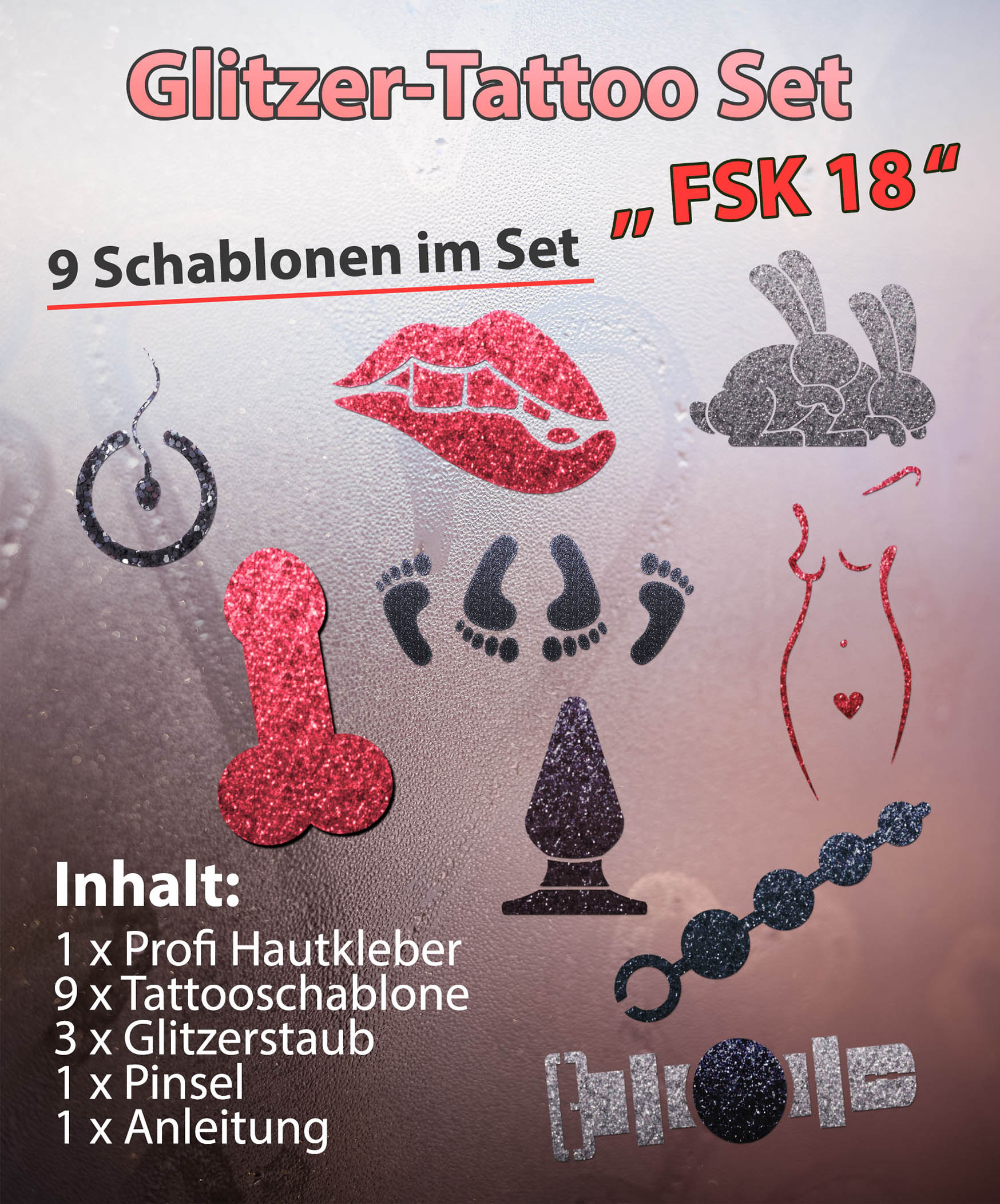 Glitzer Tattoo SET FSK 18 für Erwachsene mit Hautkleber, 1 Pinsel, 3 Glitzer, 9 Schablonen FUN