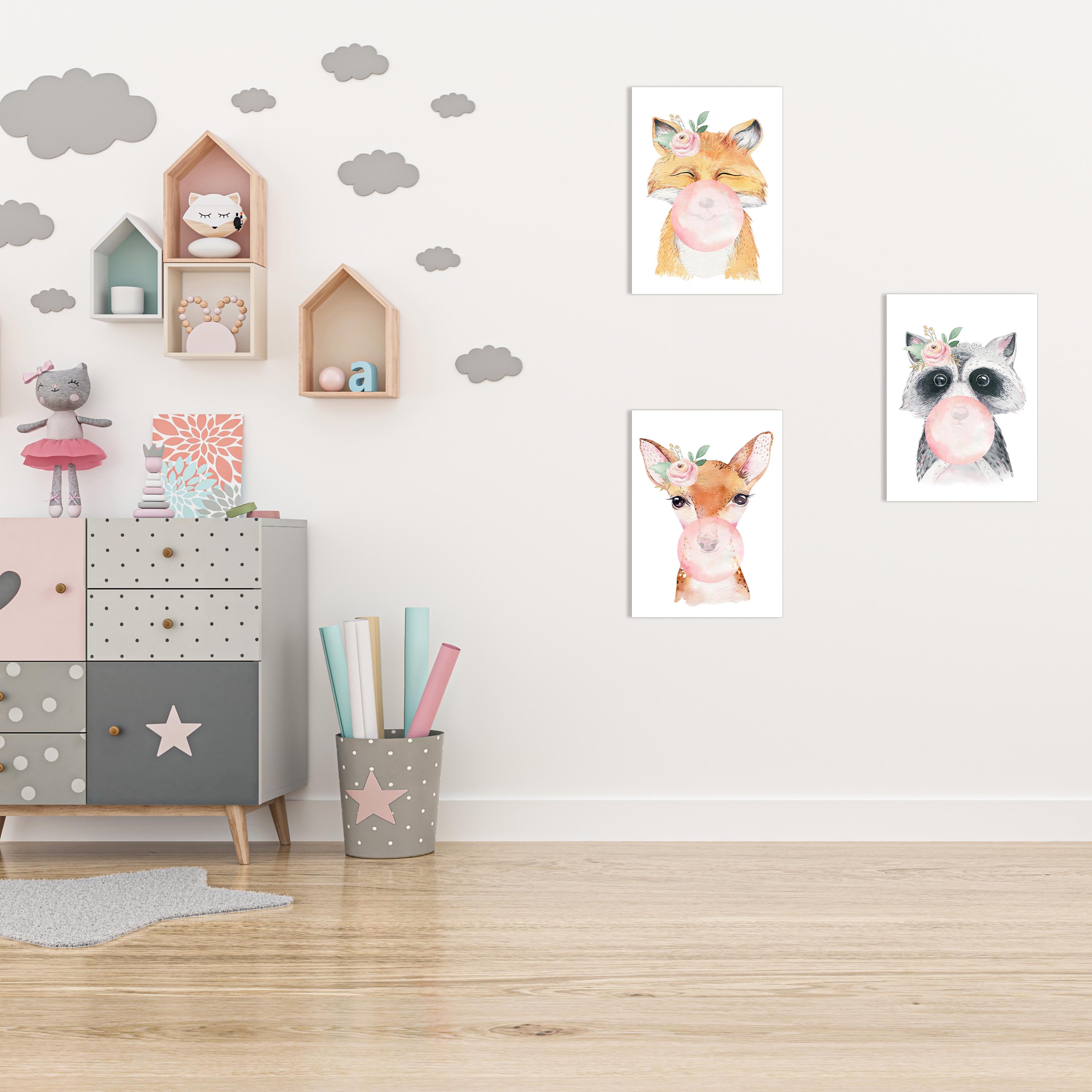 3er Set Bilder Kinderzimmer - Babyzimmer deko  - Premium A4 Poster Papier Matt - Bilder Set Mädchen Junge Deko Wandbilder kinderbilder Tiere Wanddeko