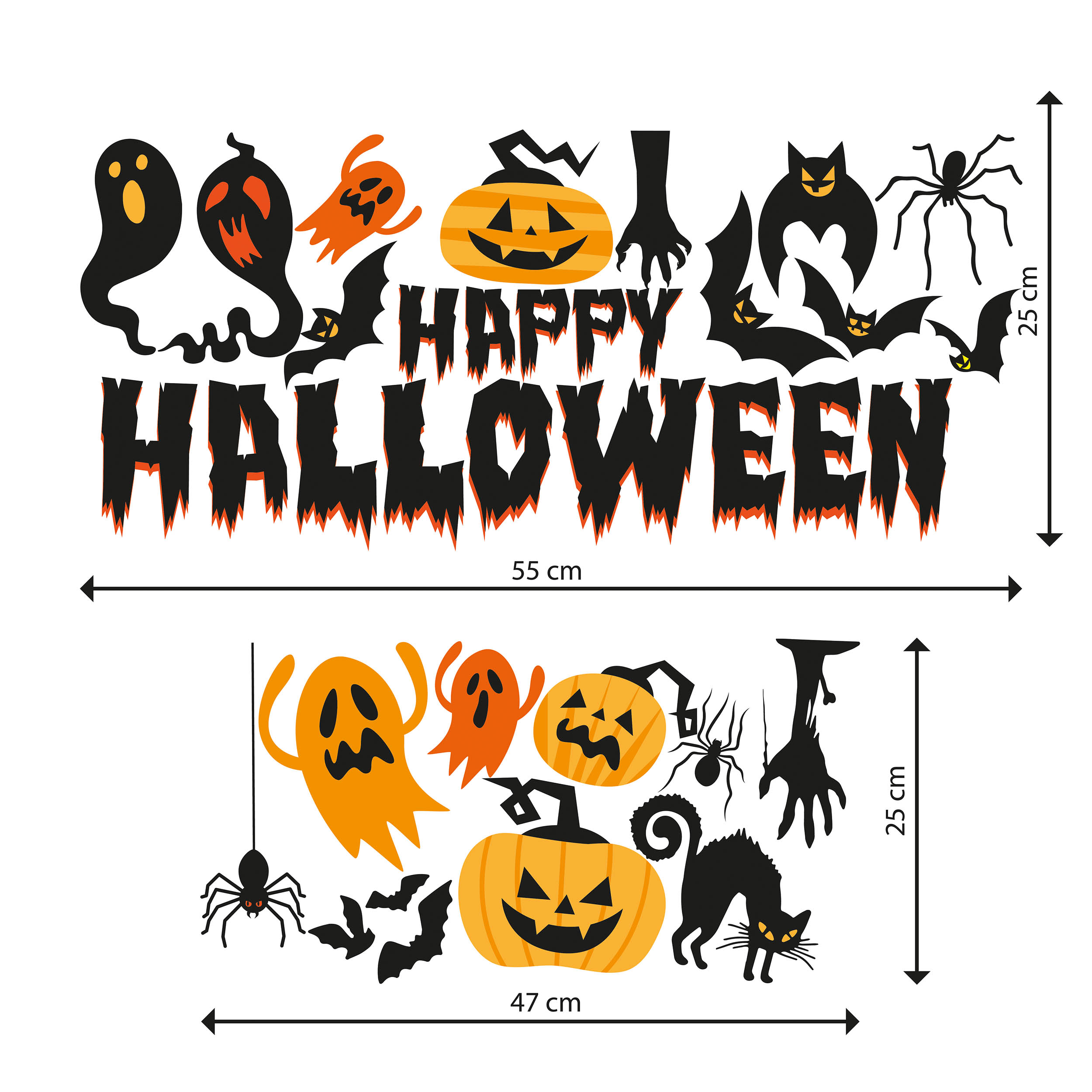 Aufkleber Halloween Set Klein für Fenster Schaufenster Dekoration Gruselig Kürbis Spinne Fledermaus Gespenst