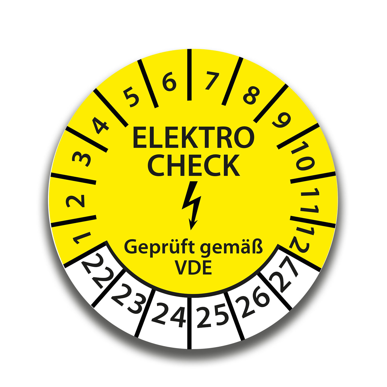 Prüfplakette Elektro Check geprüft gemäß VDE 2022-2027 Ø 30mm Rund Gelb Prüfetikett Prüfaufkleber