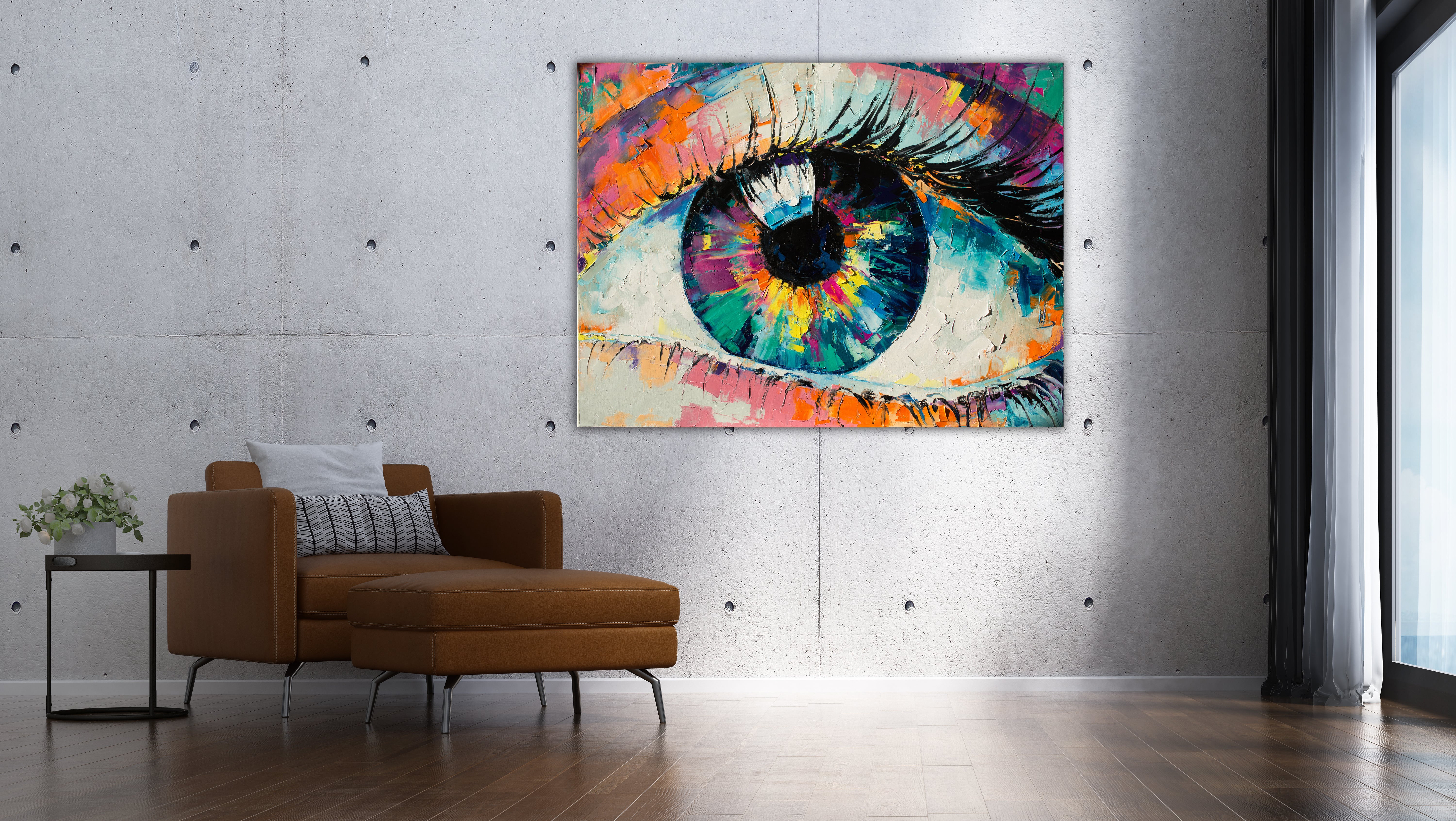 Wandbild Querformat Titel: Auge bunt Öl Art Bild Wanddeko Alu Dibond Leinwand Acrylglas Holzbalken Butlerfinish Poster