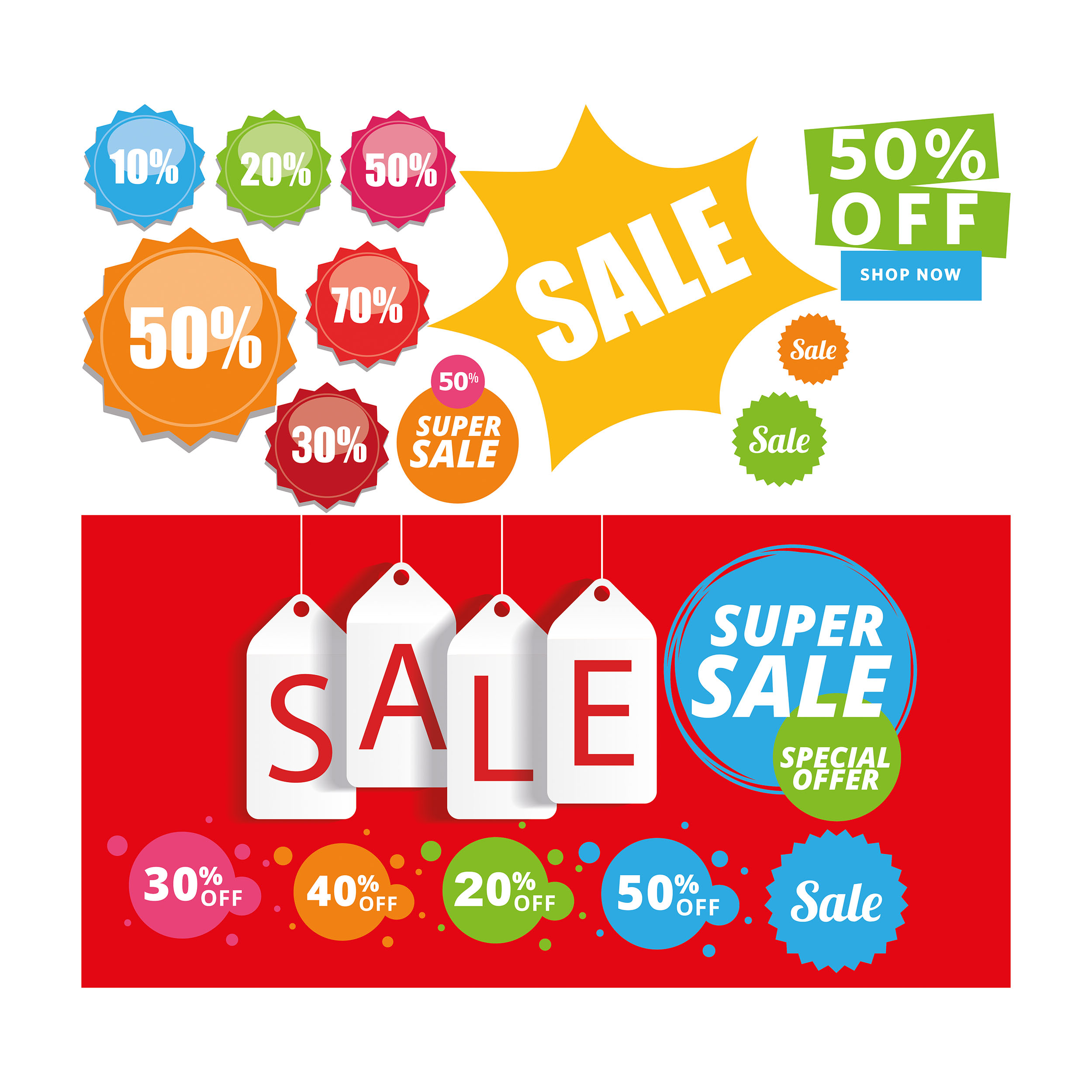 Aufkleber Sale Set Bunt 10% 20% 30% 50% 70% Super Sale Einzelhandel Schaufenster Ausverkauf Prozente