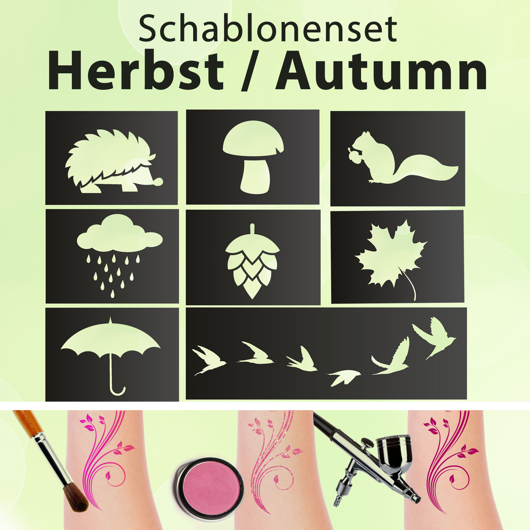 Tattoo Schablonen SET Kinder Herbst/Autumn/Fall (8 Schablonen) Selbstklebend Kinder schminken Airbru