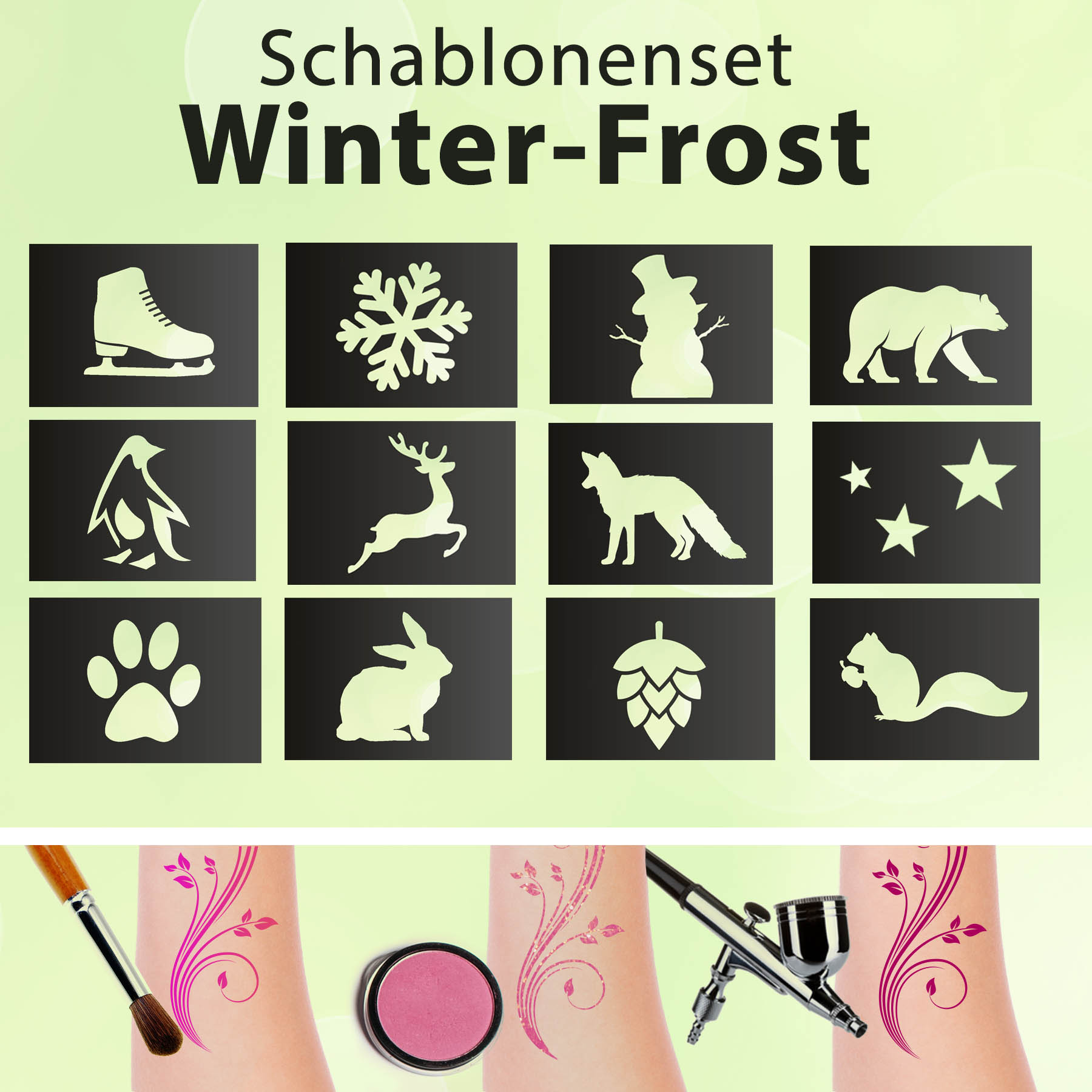 Tattoo Schablonen SET Kinder Winter-Frost 12 Schablonen Selbstklebend schminken Airbrush Geschenk