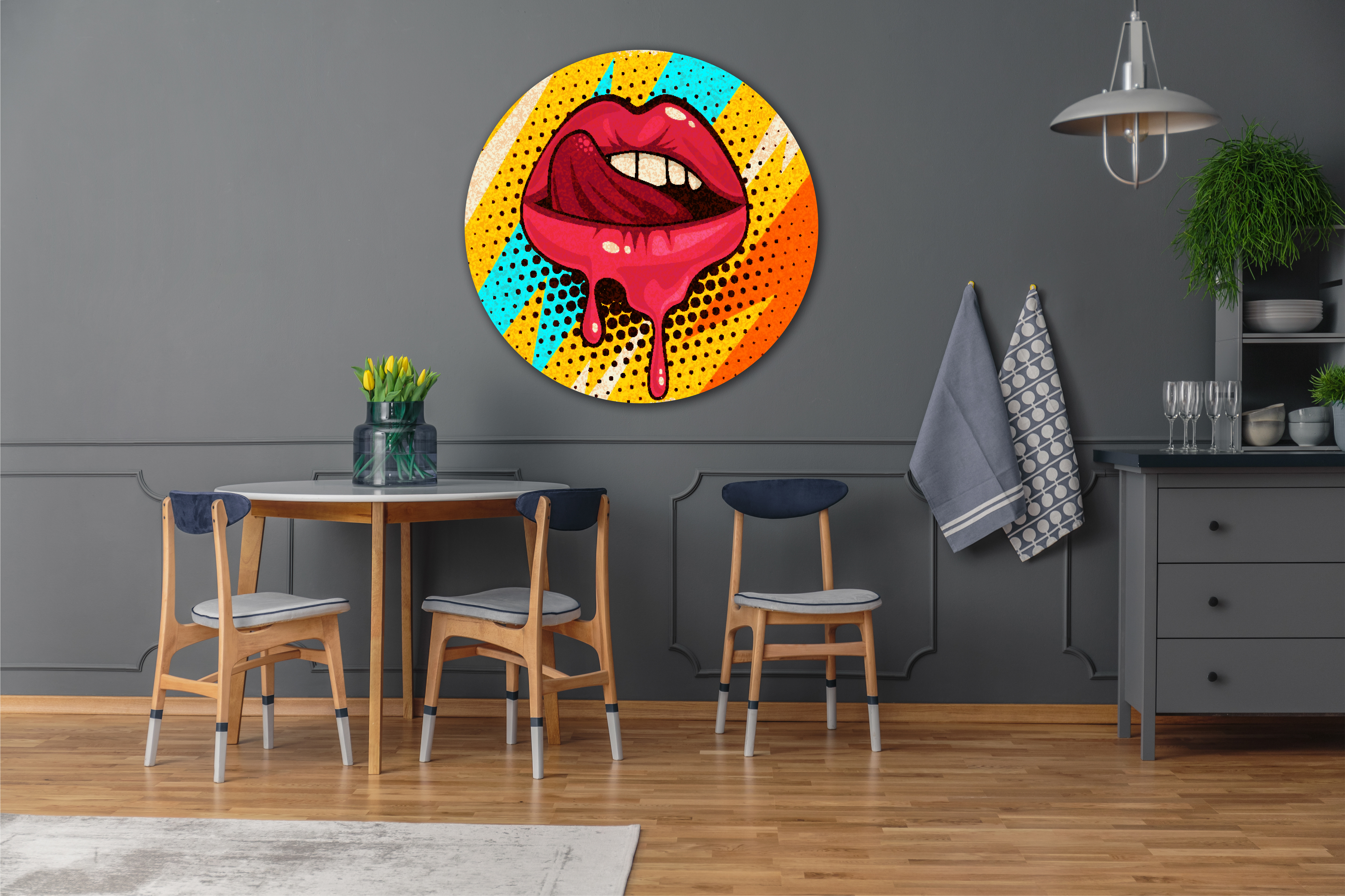 Wandbild Rund Titel: Mund Lippen Rot Pop Art - Bild Wanddeko Alu Dibond oder Butlerfinish