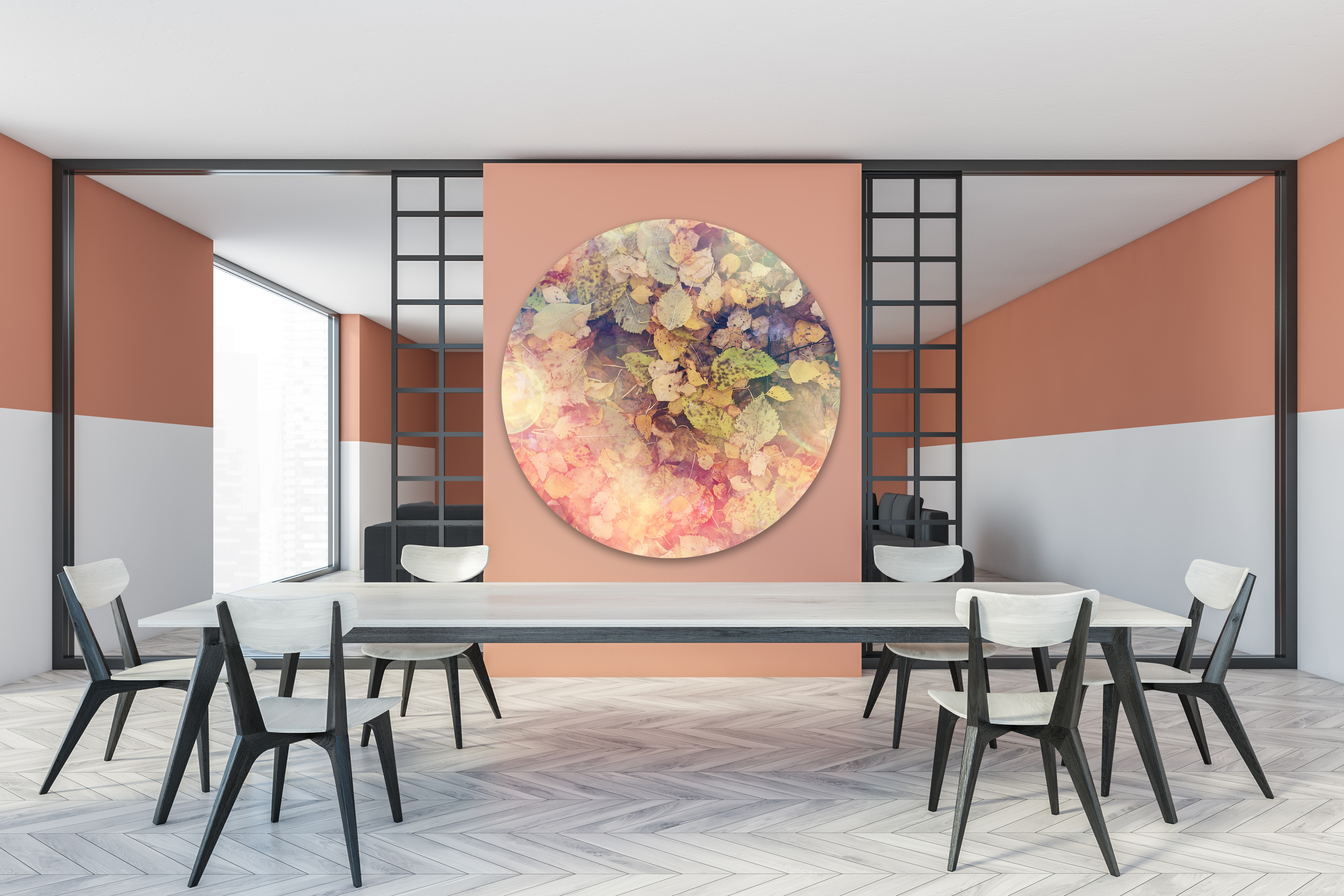 Wandbild Rund Titel: Herbstlaub bunt abstrakt Textur - Bild Wanddeko Alu Dibond oder Butlerfinish  