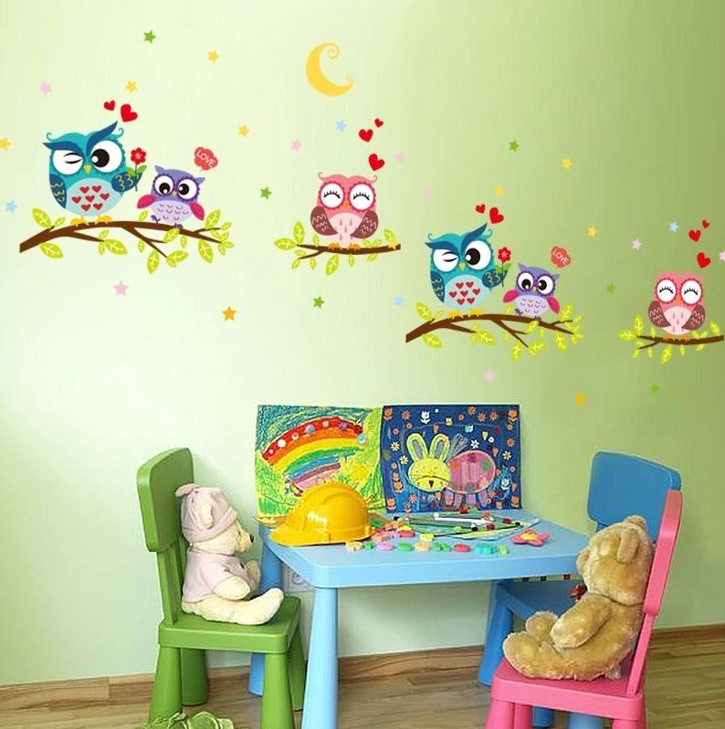 Wandtattoo süße Eulen auf Ast - Babyzimmer Kinderzimmer Wandaufkleber  ca. 64 x 43 cm