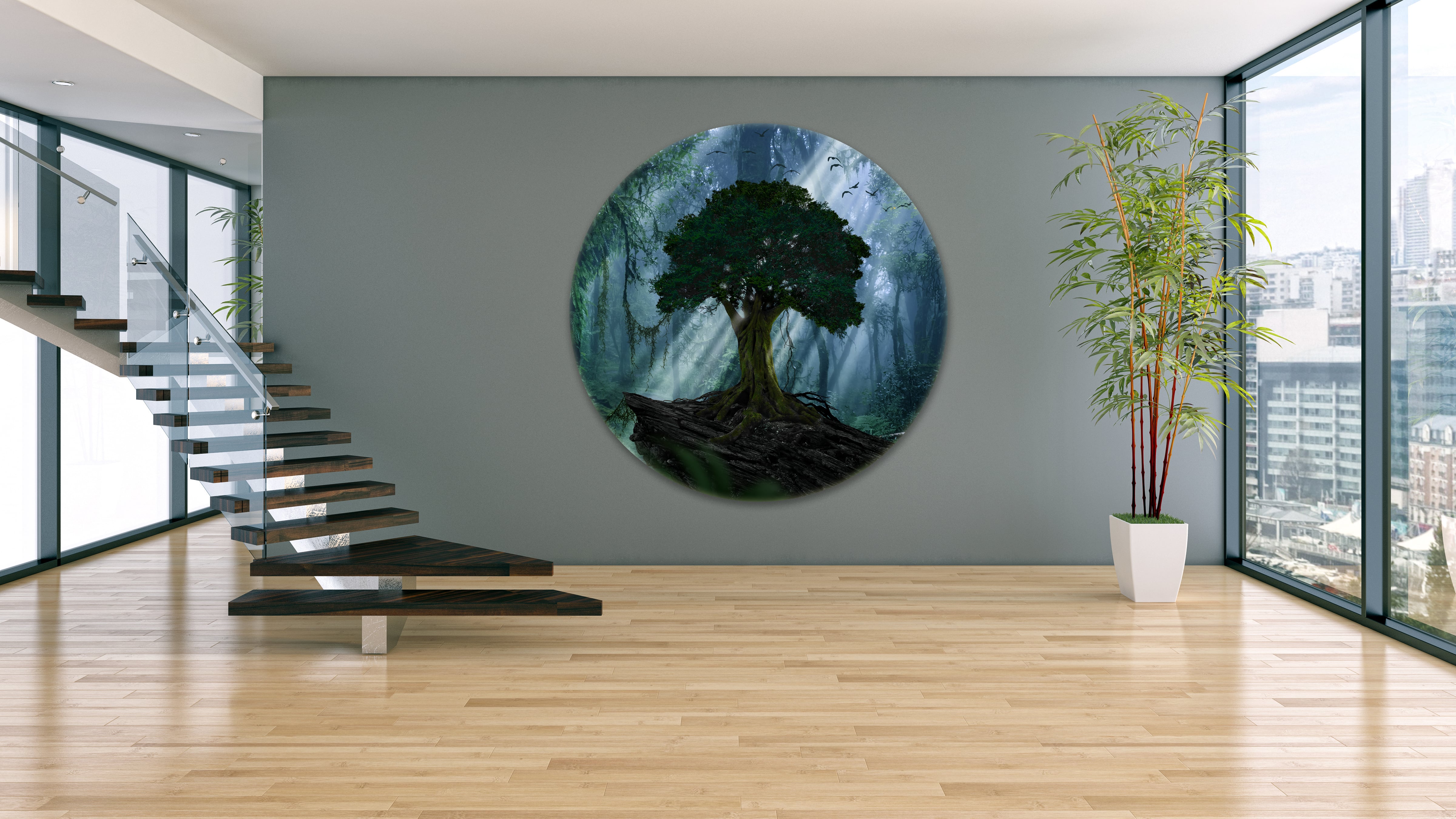 Wandbild Rund Titel: Jungle Darkness Baum Textur - Bild Wanddeko Alu Dibond oder Butlerfinish 