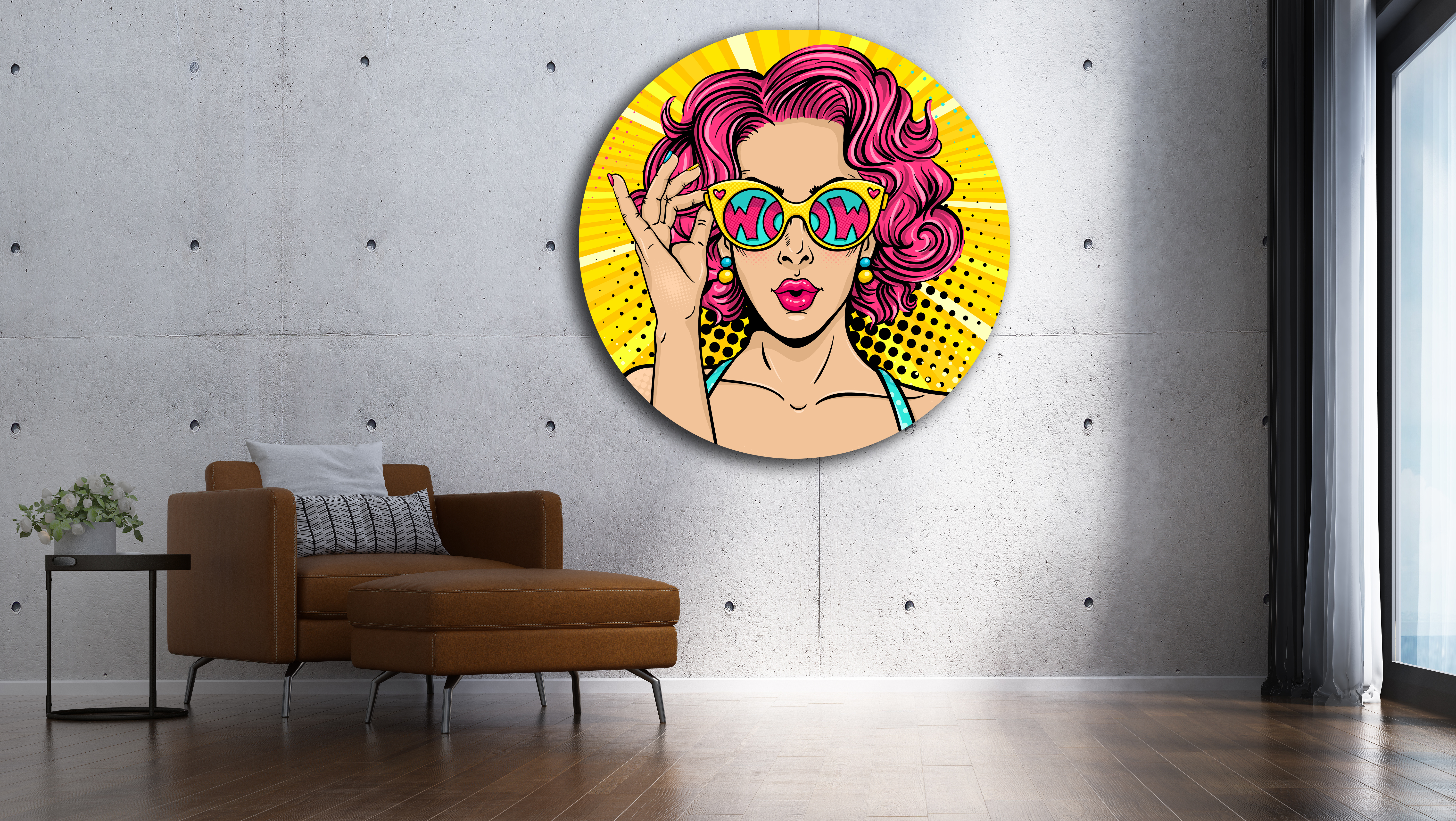 Wandbild Rund Titel: Girl mit Sonnenbrille - Pop Art Wanddeko Alu Dibond oder Butlerfinish 