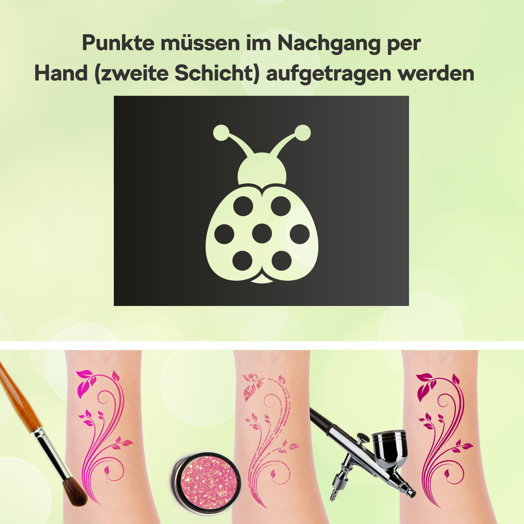 Tattoo Schablone Marienkäfer Ladybug Selbstklebend Kinder Schminken Airbrush Frühling