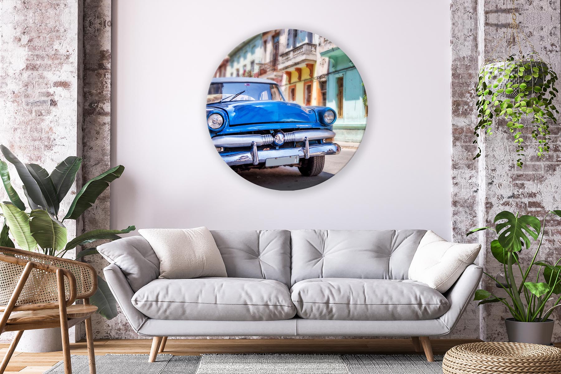 Wandbild Rund Titel: Kuba Auto Oldtimer blau - Bild Wanddeko Alu Dibond oder Butlerfinish Kopie