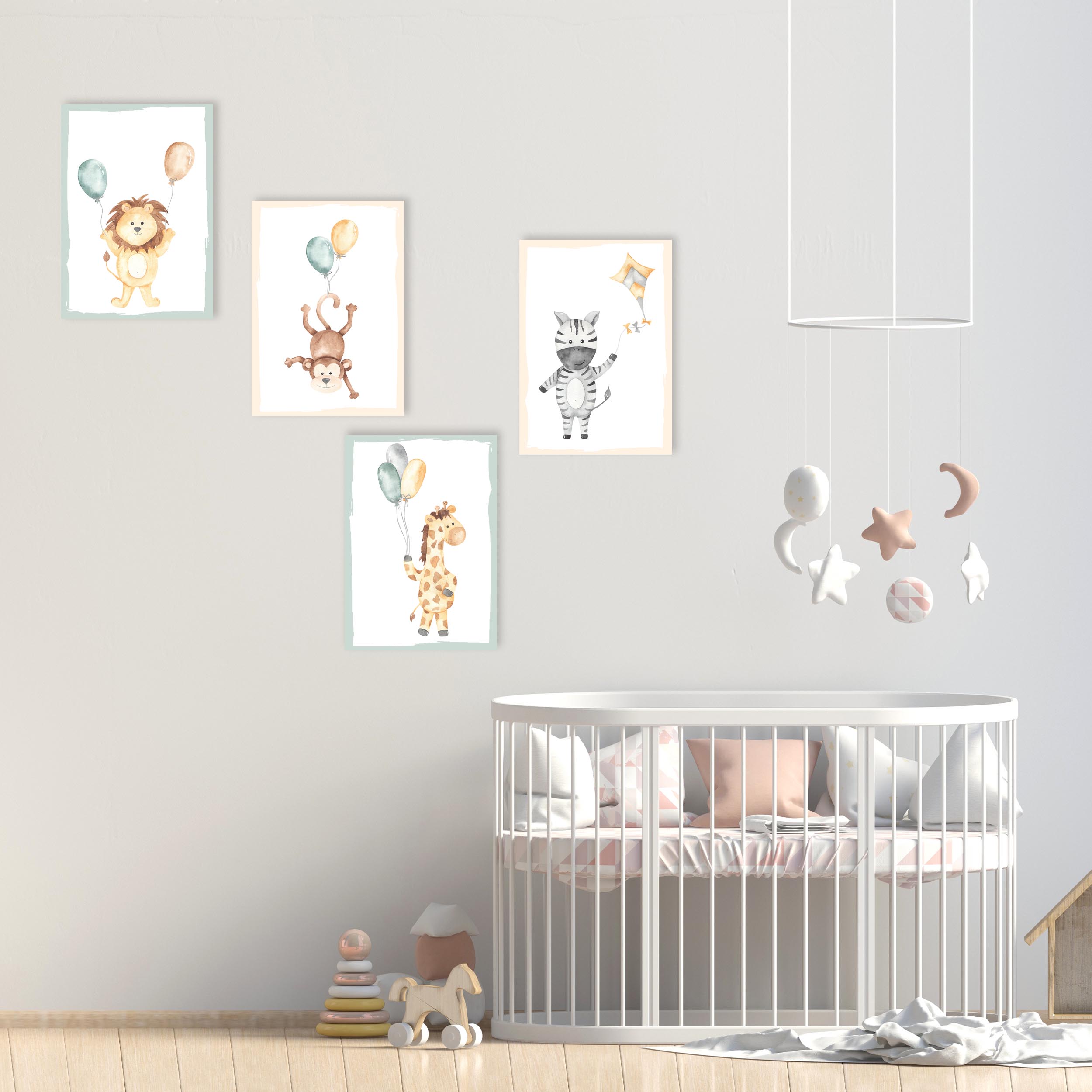Bilder 3er Set Babyzimmer Kinderzimmer Mädchen Jungen Poster A4 süße Wandbilder Deko Dekoration Tiere Tiermotive Rosa Grau 