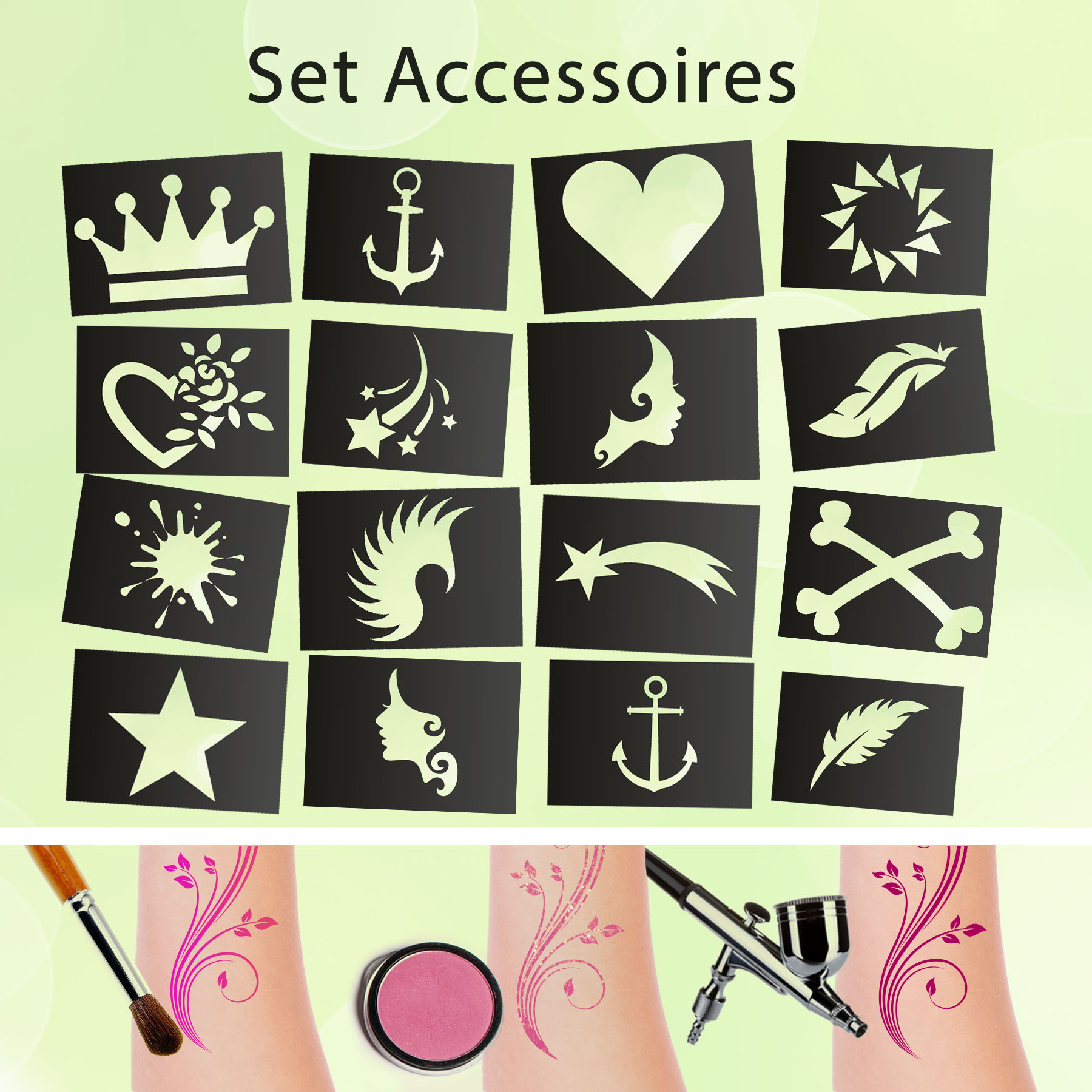 Tattoo Schablonen SET Accessoires (16 Stück) Selbstklebend Kinderschminken Airbrush