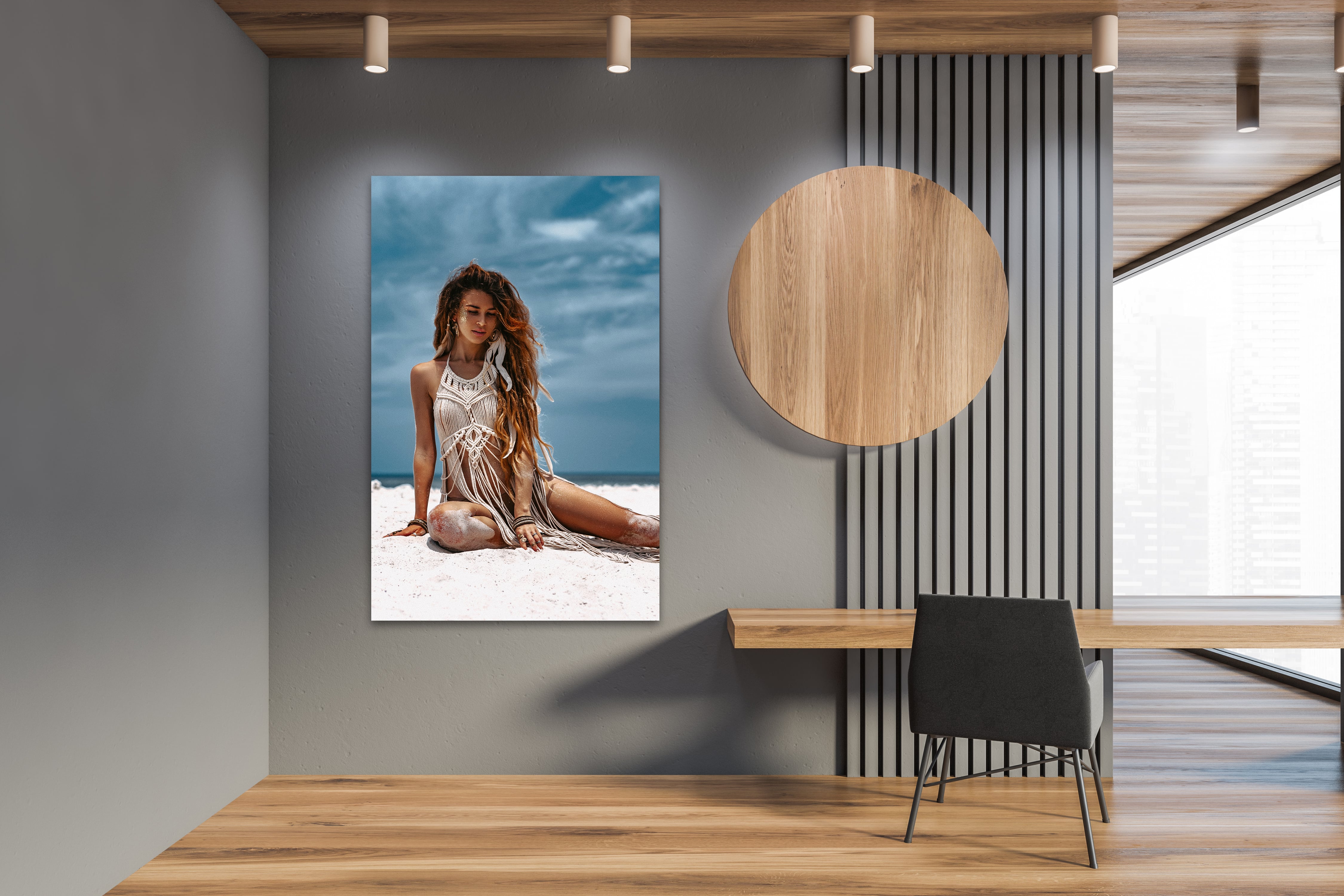 Wandbild Hochformat Titel: Beautiful Girl Strand Bild Wanddeko Alu Dibond Leinwand Acrylglas Holzbalken Butlerfinish Poster