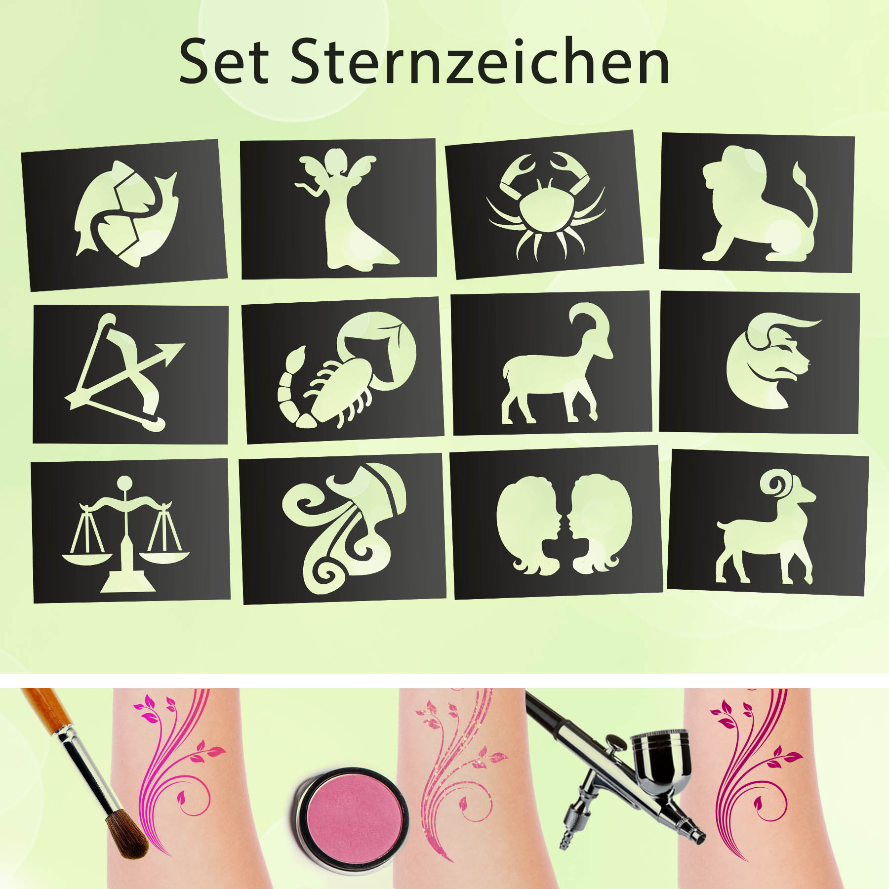 Tattoo Schablonen SET Sternzeichen (12 Stück) Selbstklebend Kinderschminken Airbrush