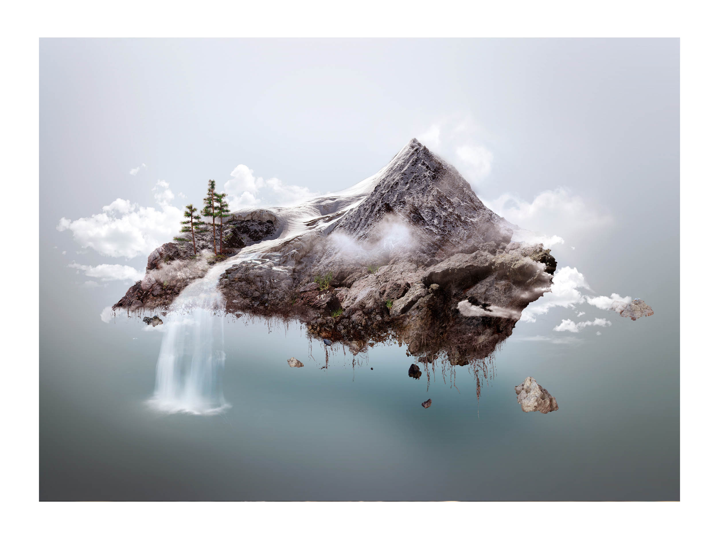 Wandbild Querformat Titel: Fliegende Berge Fantasy Landschaft  - Bild Wanddeko Alu Dibond Leinwand Acrylglas Holzbalken Butlerfinish Poster