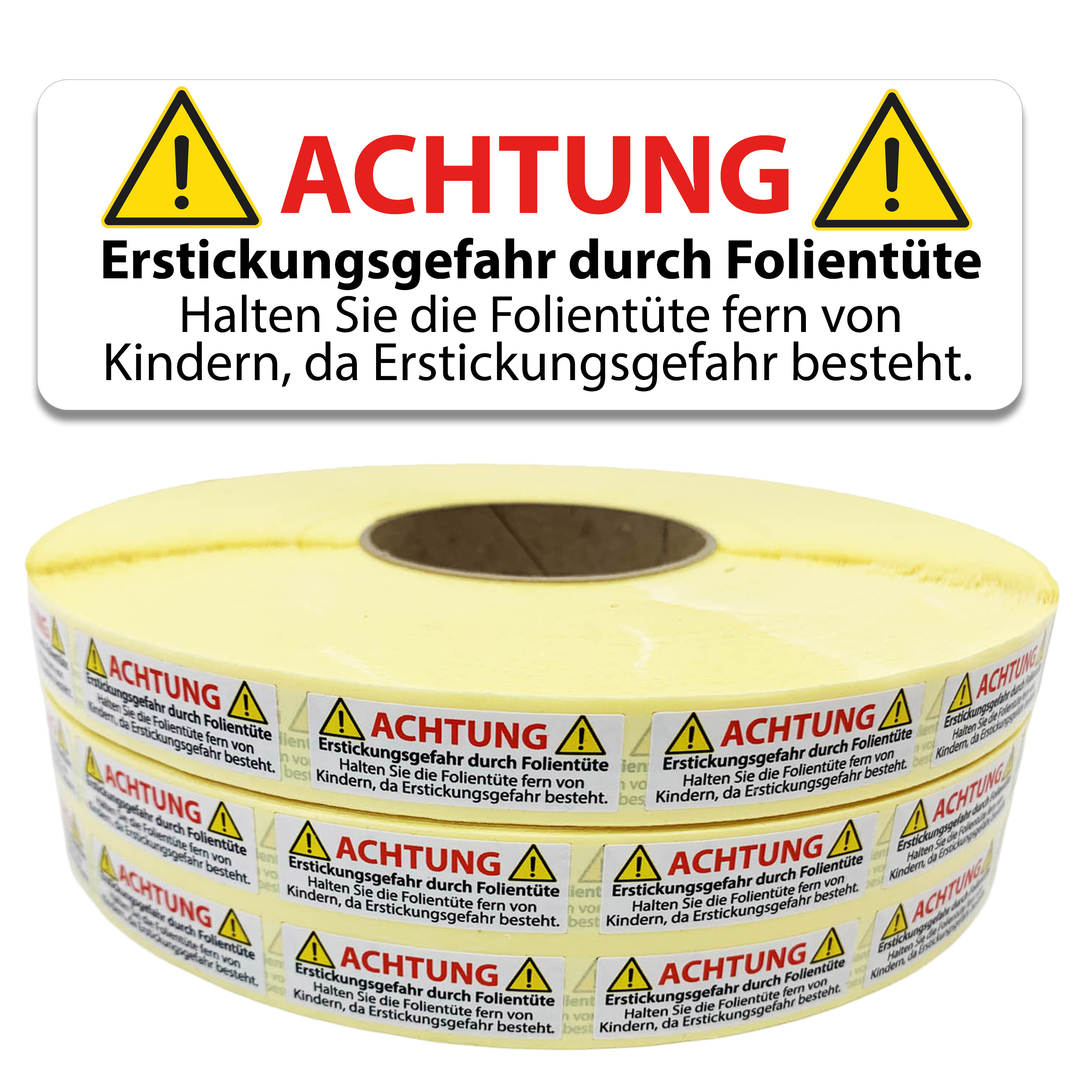 Erstickung Aufkleber Warnhinweis - Achtung  Erstickungsgefahr durch Folientüten - selbstklebend auf Rolle Kleinteile Warnaufkleber Etiketten Vorsicht Warnung Plastikbeutel