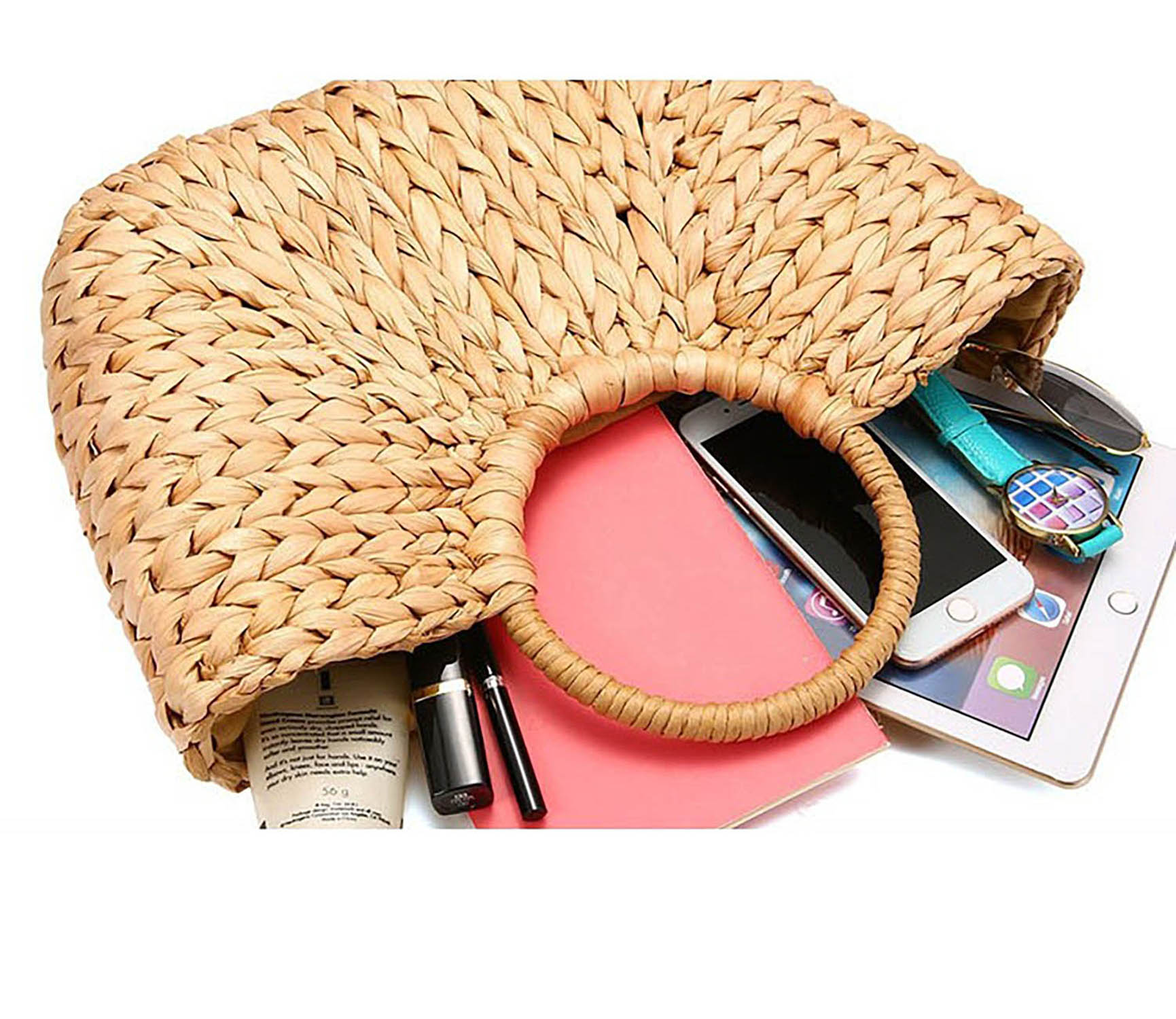 Handtasche Strandtasche Shopper Korbtasche geflochten Halbrund gewebt mit praktischem Zugband