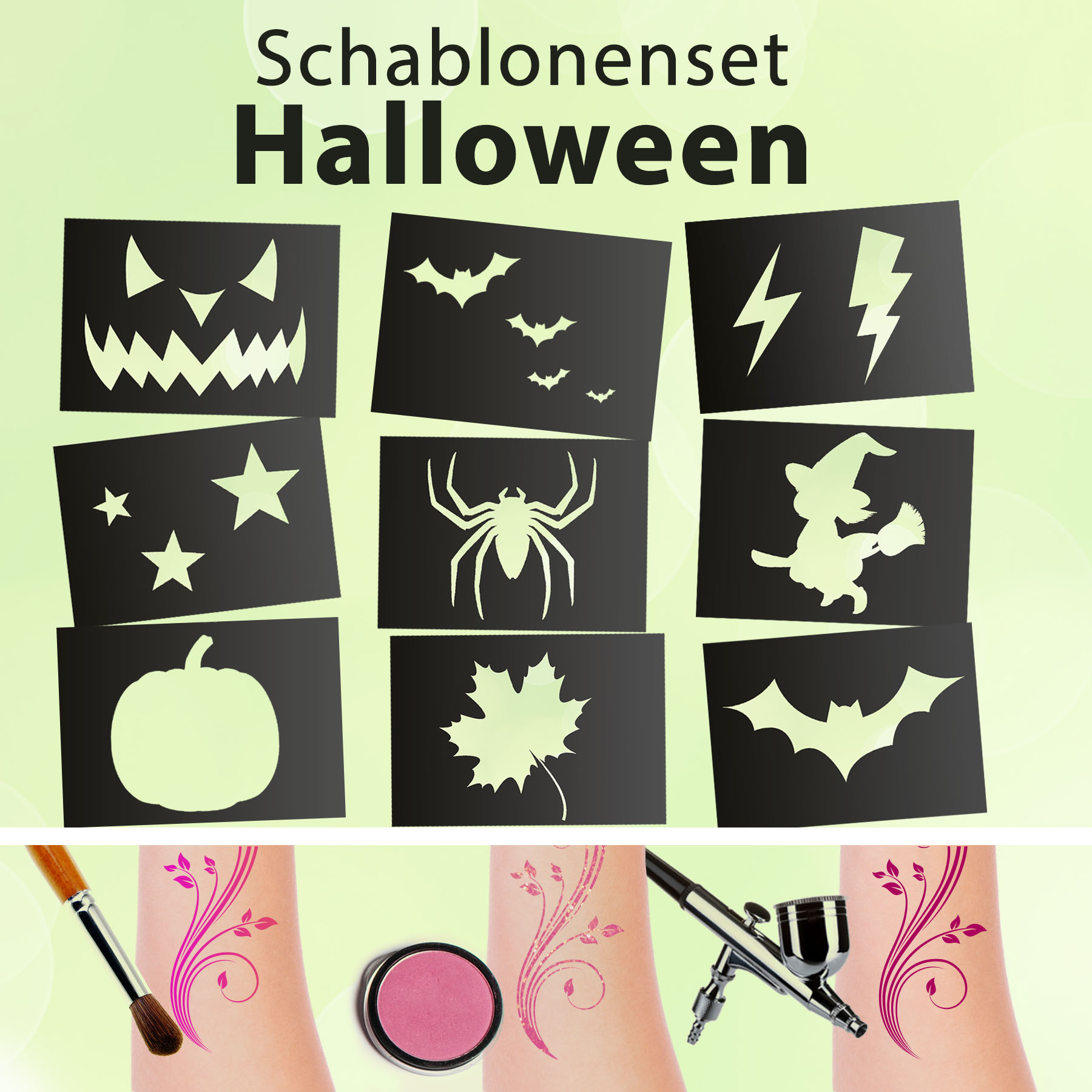 Tattoo Schablonen SET HALLOWEEN (9 Schablonen) Selbstklebend Kinderschminken Airbrush