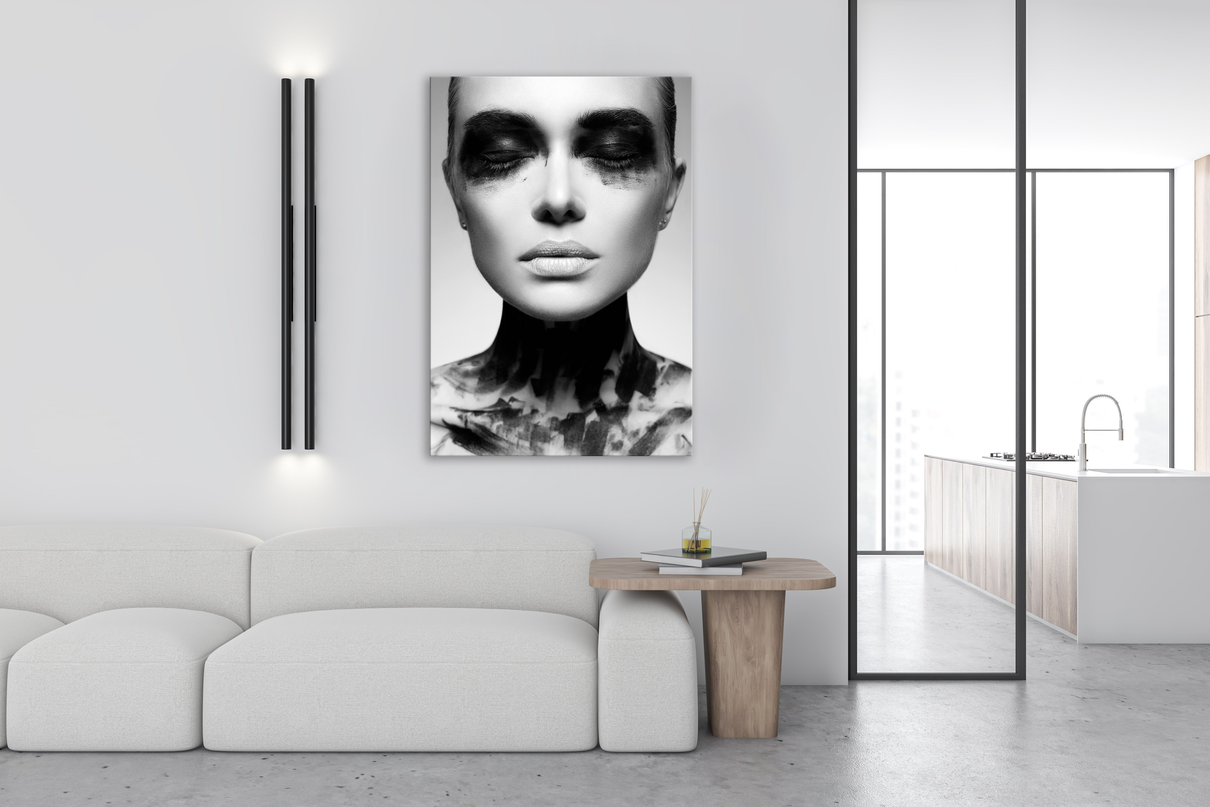 Wandbild Wandbilder Hochformat Titel: Gesicht Girl schwarz weiß Wanddeko Bild für Wohnzimmer auf Alu Dibond Leinwand Acrylglas Holzbalken Butler Finish Poster
