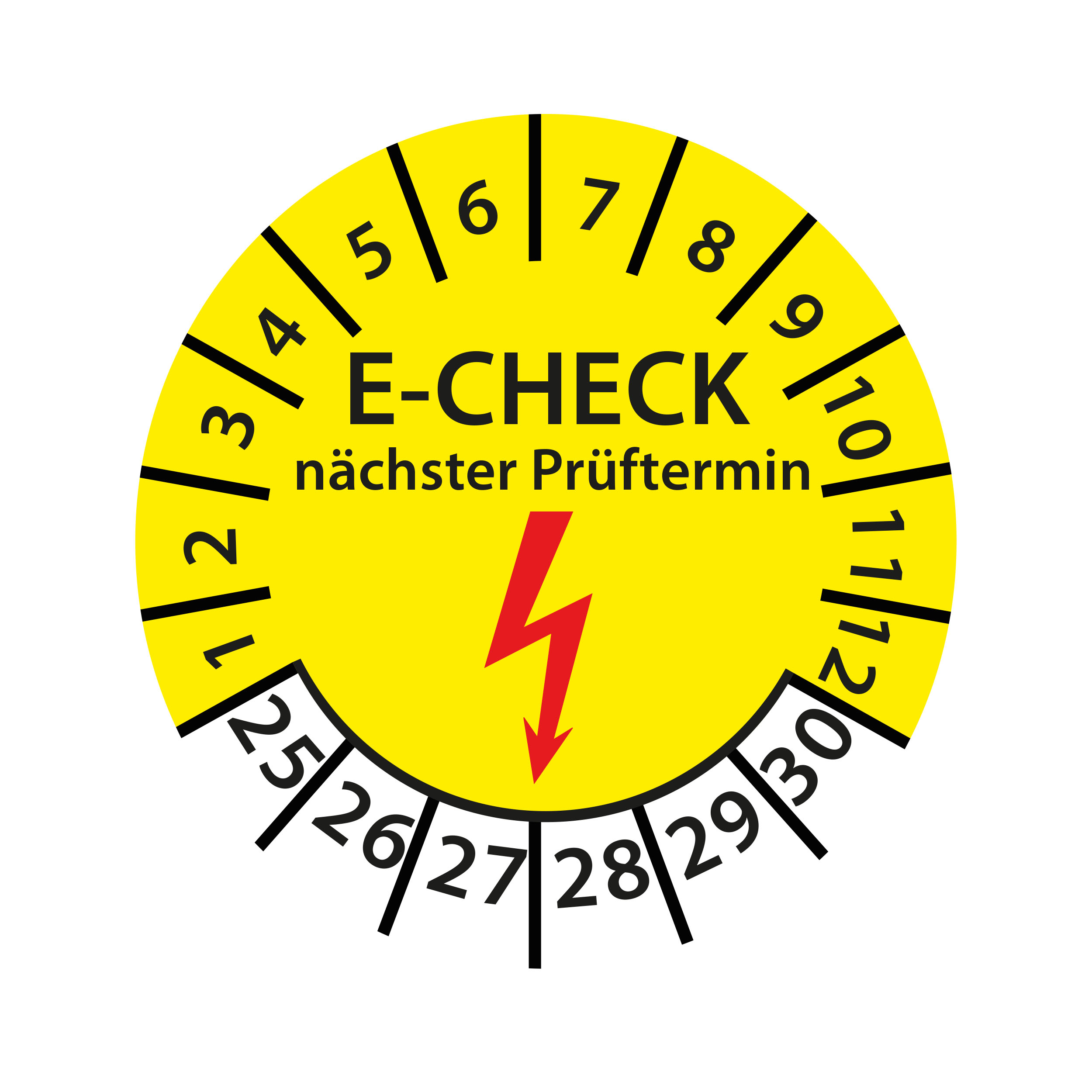 Prüfplakette E-Check nächster Prüftermin 2025-2030 Ø 30mm Rund Gelb Prüfetikett Prüfaufkleber