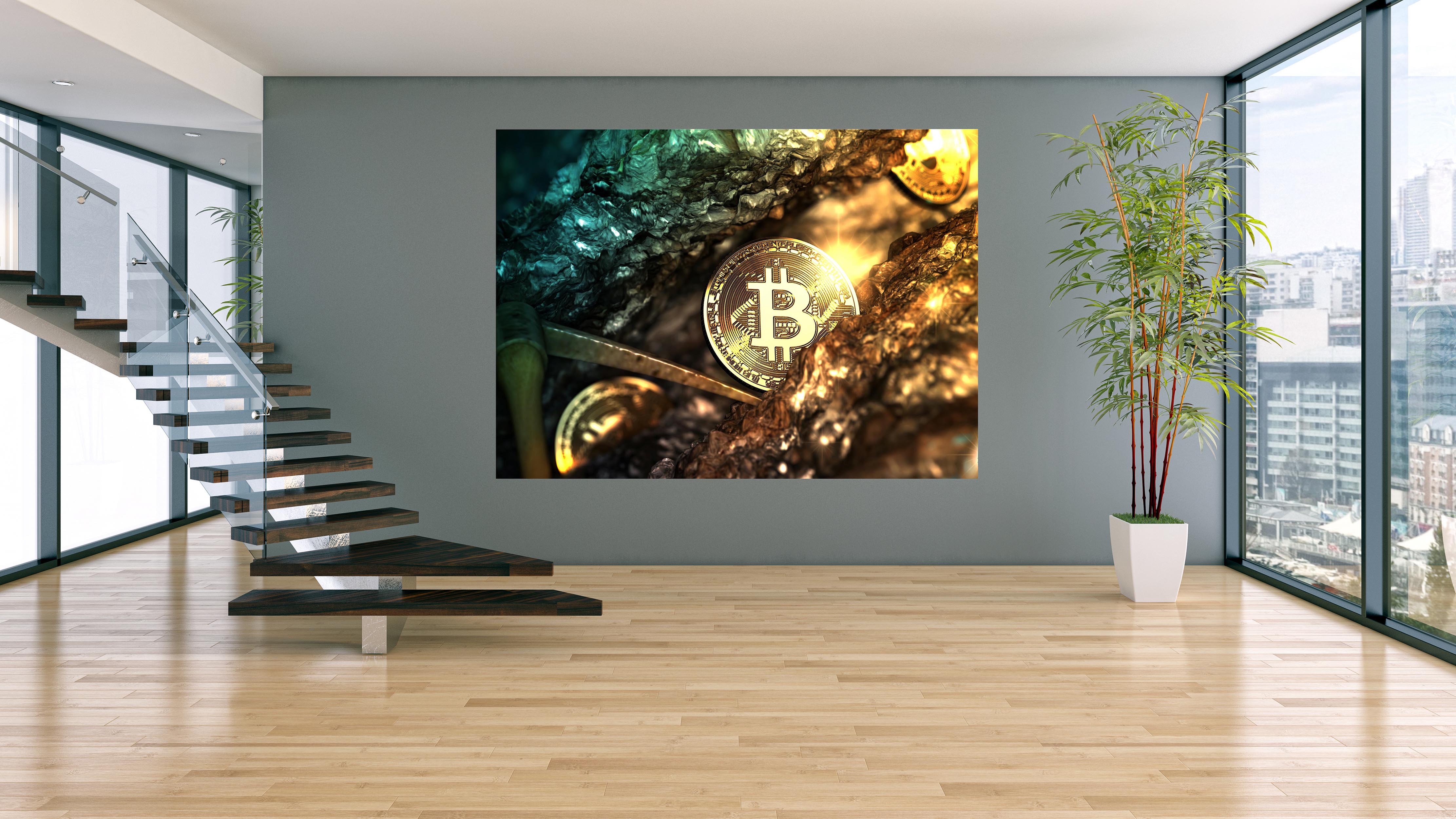 Wandbild Querformat Titel: Bitcoin mining btc krypto Wanddeko Alu Dibond Leinwand Acrylglas Holzbalken Butlerfinish Poster