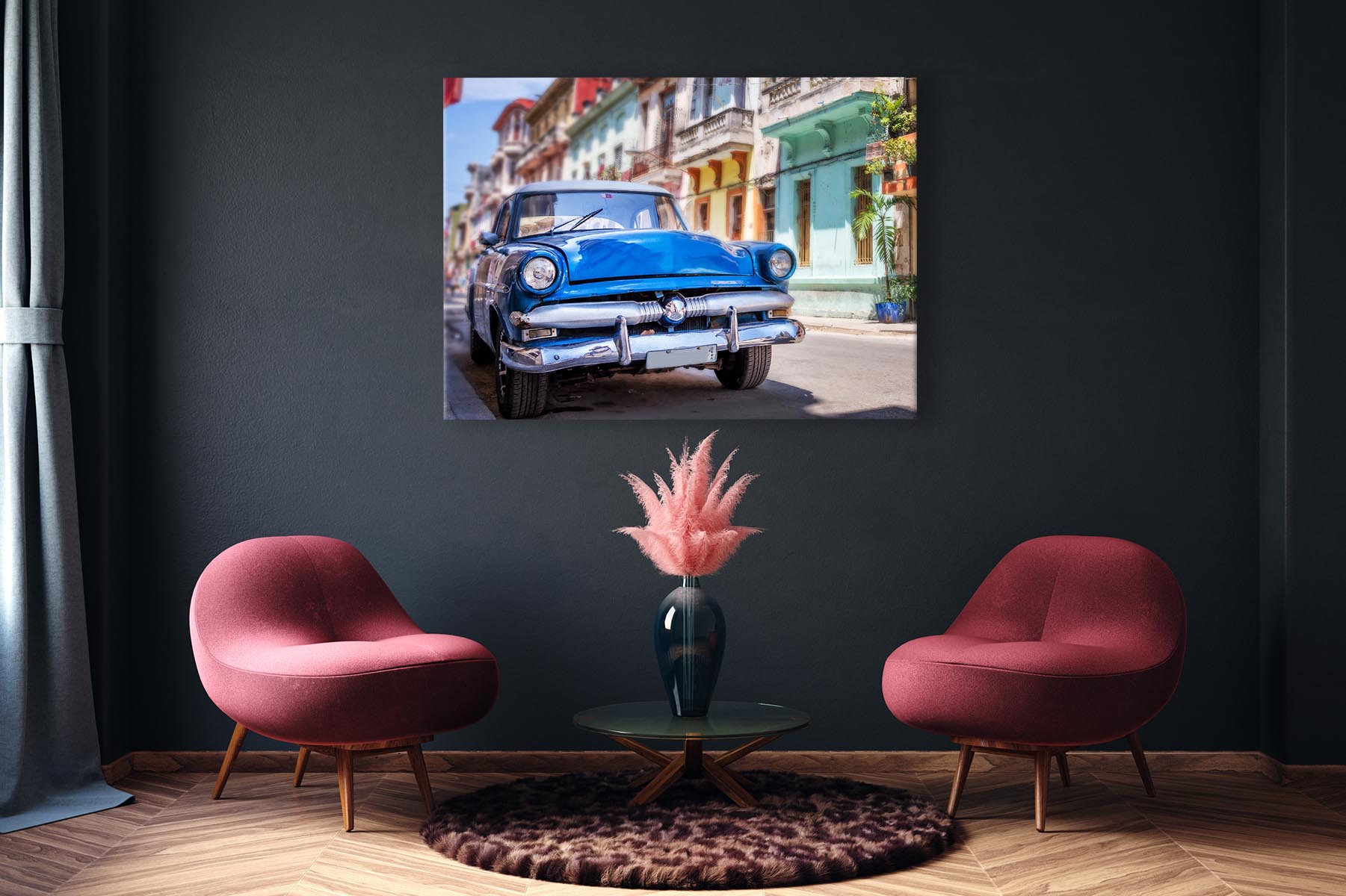 Wandbild Querformat Titel: Kuba Auto Oldtimer blau - Bild Wanddeko Alu Dibond Leinwand Acrylglas Holzbalken Butlerfinish Poster