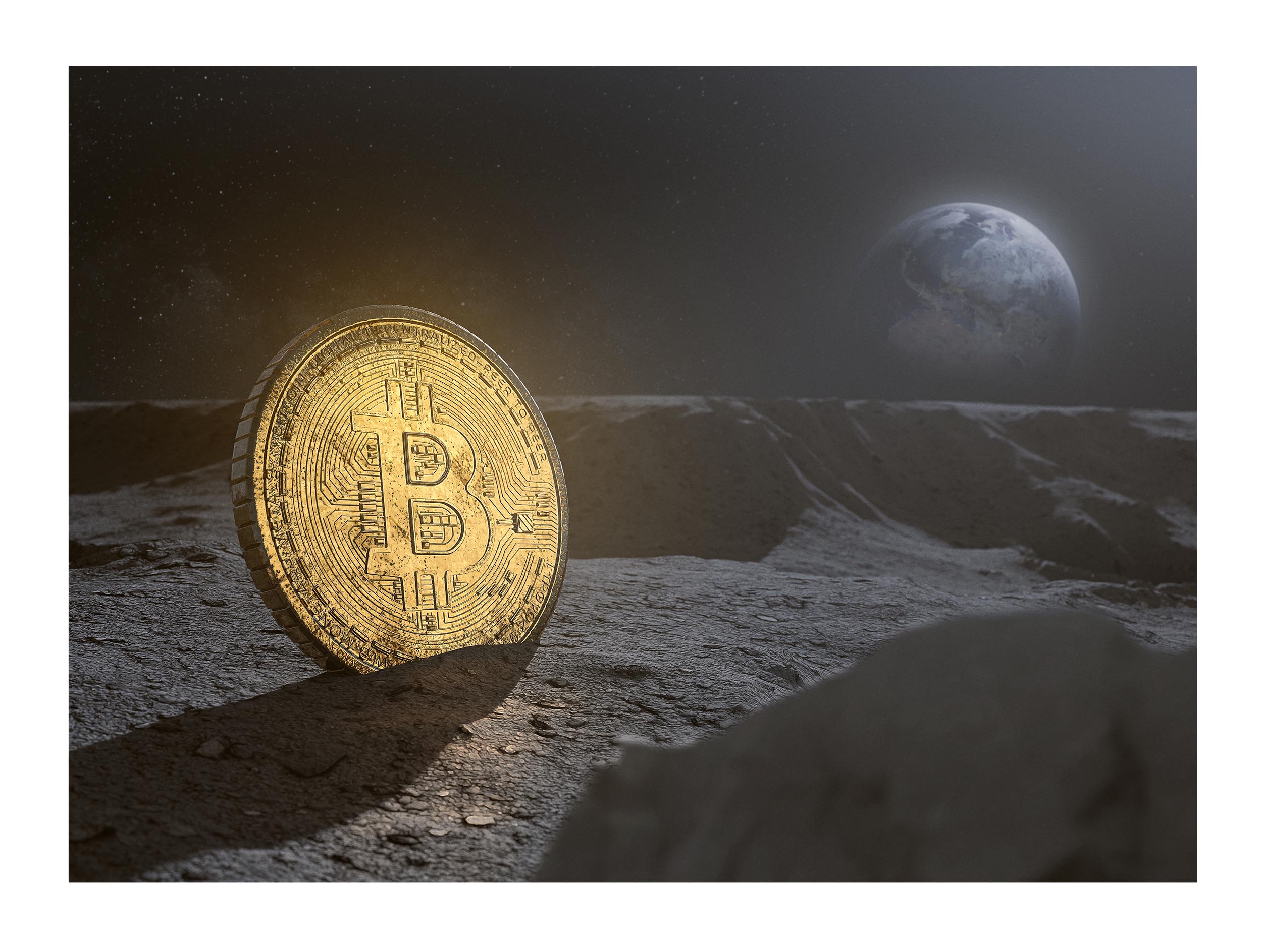 Wandbild Querformat Titel: Bitcoin to the moon - Bild Wanddeko Alu Dibond Leinwand Acrylglas Holzbalken Butlerfinish Poster