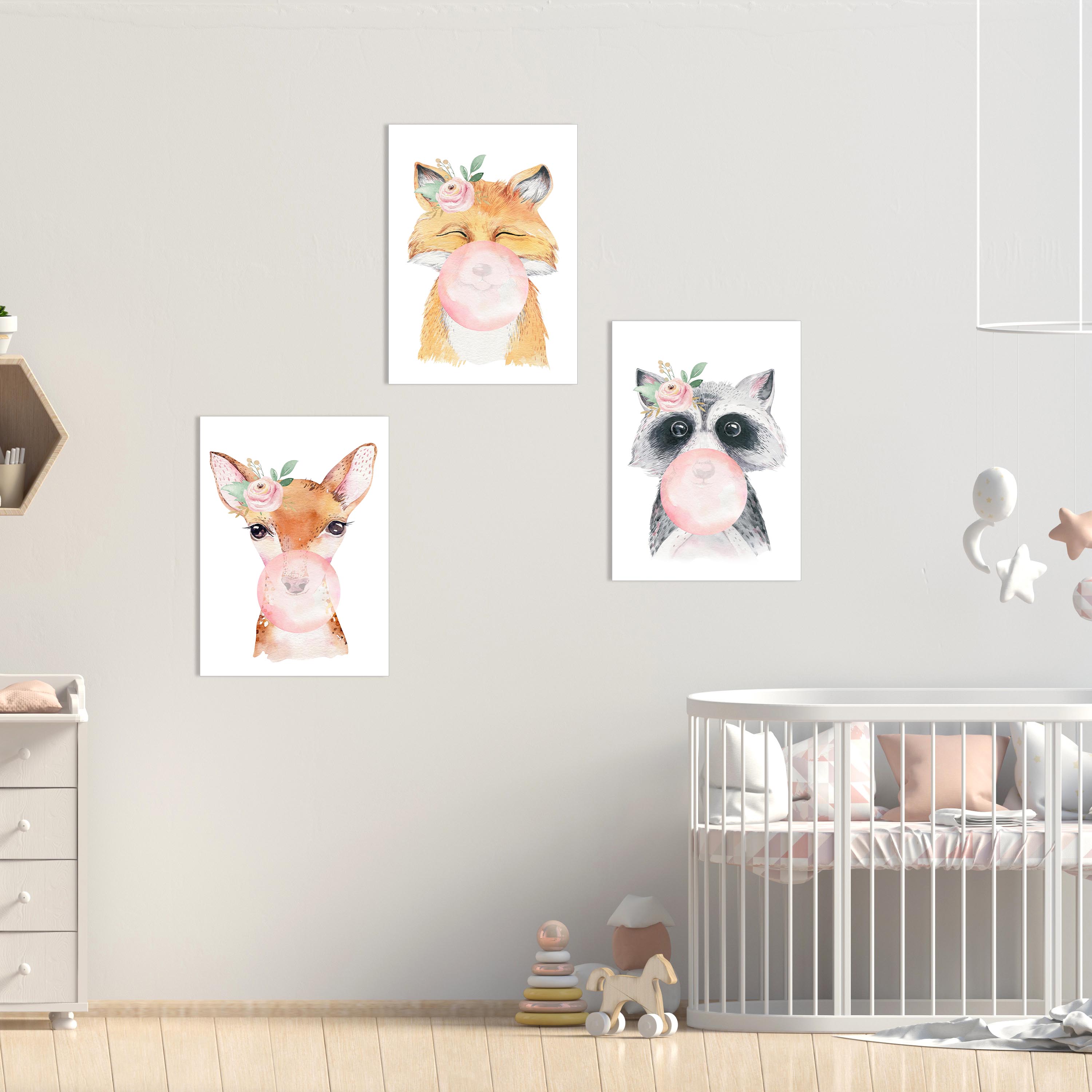 3er Set Bilder Kinderzimmer - Babyzimmer deko  - Premium A4 Poster Papier Matt - Bilder Set Mädchen Junge Deko Wandbilder kinderbilder Tiere Wanddeko