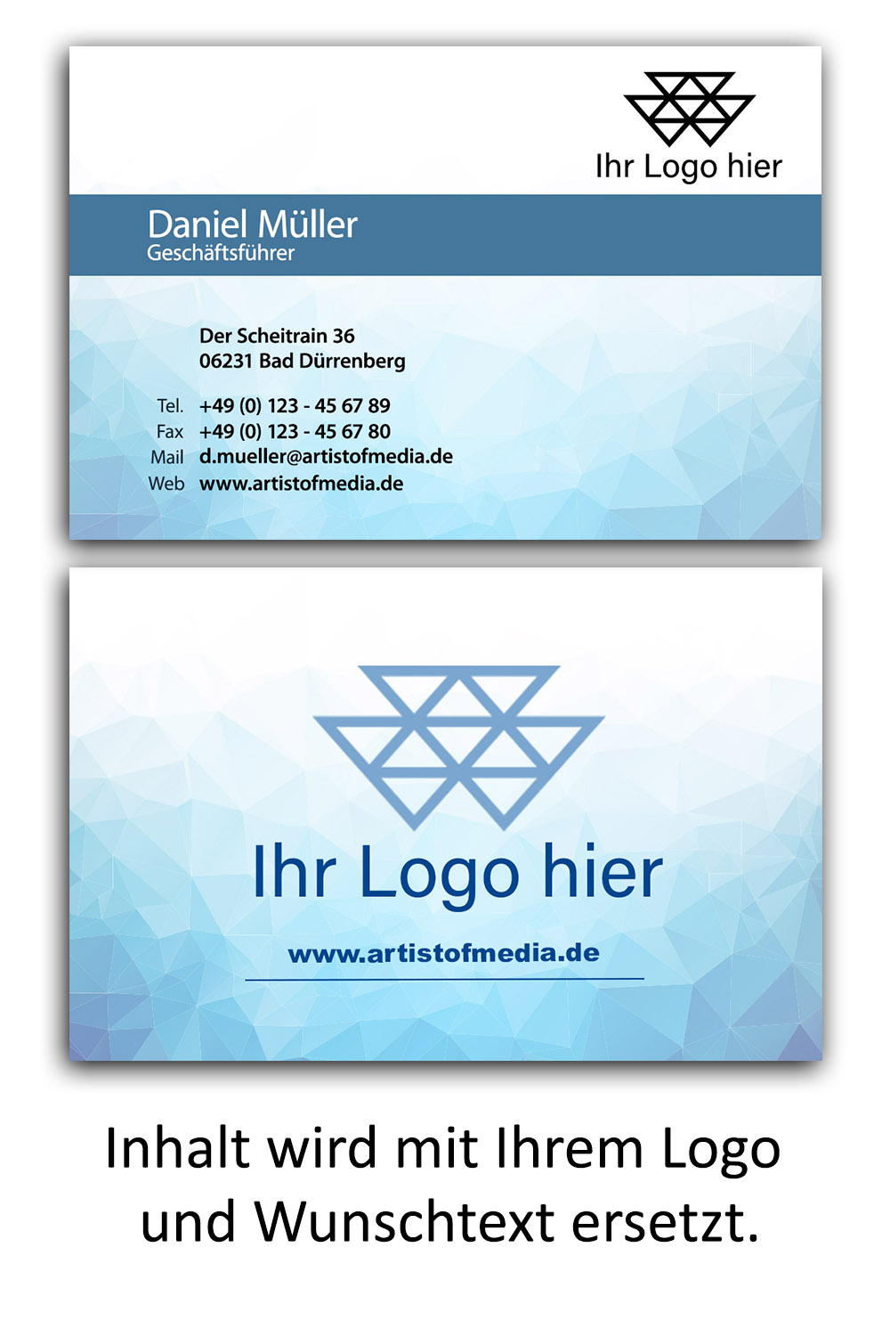 Visitenkarten individuell Fertiges Design Blau + Ihr Inhalt Fertig Business Karten 350g/qm 85 x 55mm