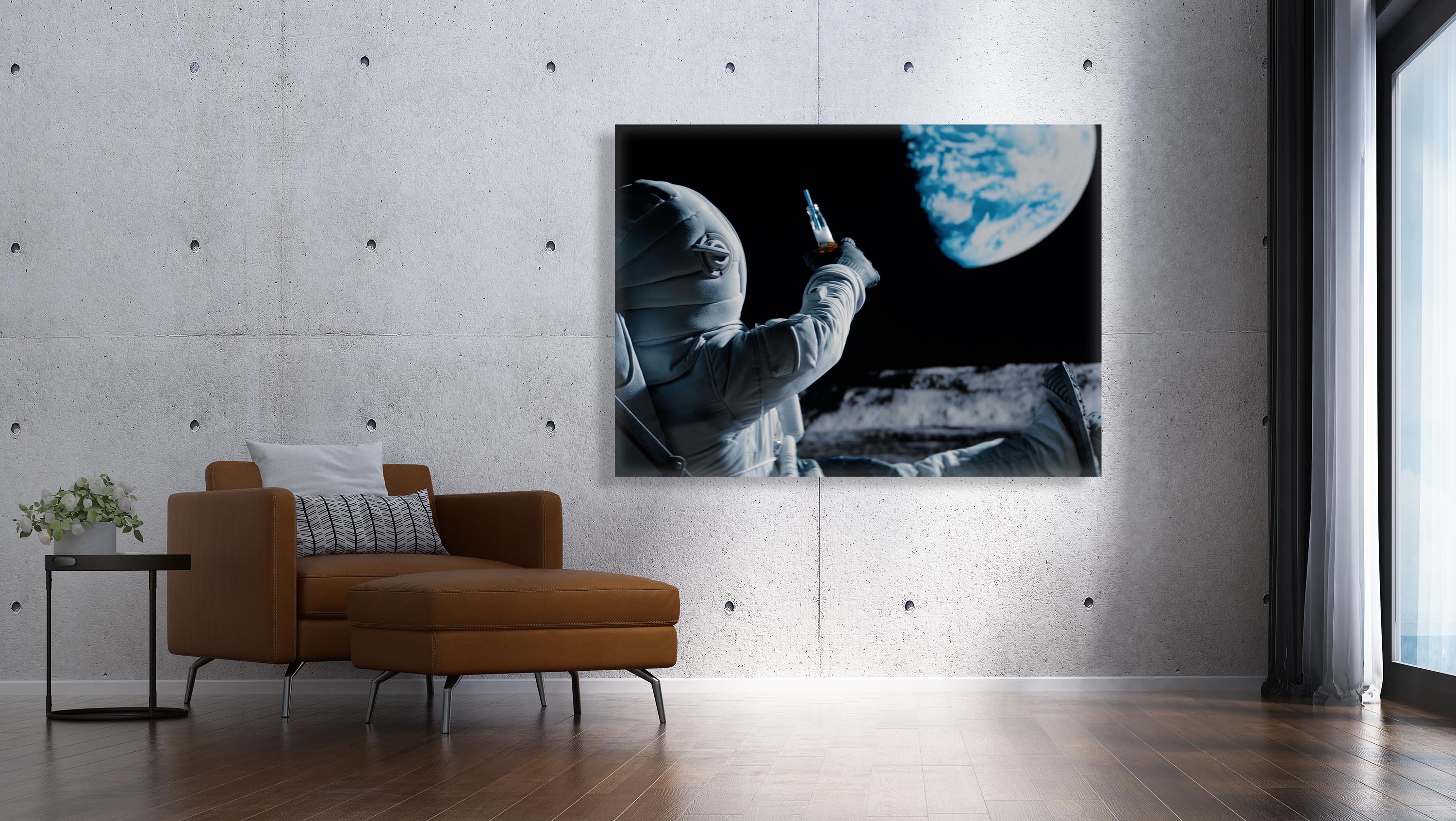 wandbild wandbilder querformat titel: astronaut mond moon - bild für  wohnzimmer auf alu dibond leinwand acrylglas holzbalken butlerfinish poster