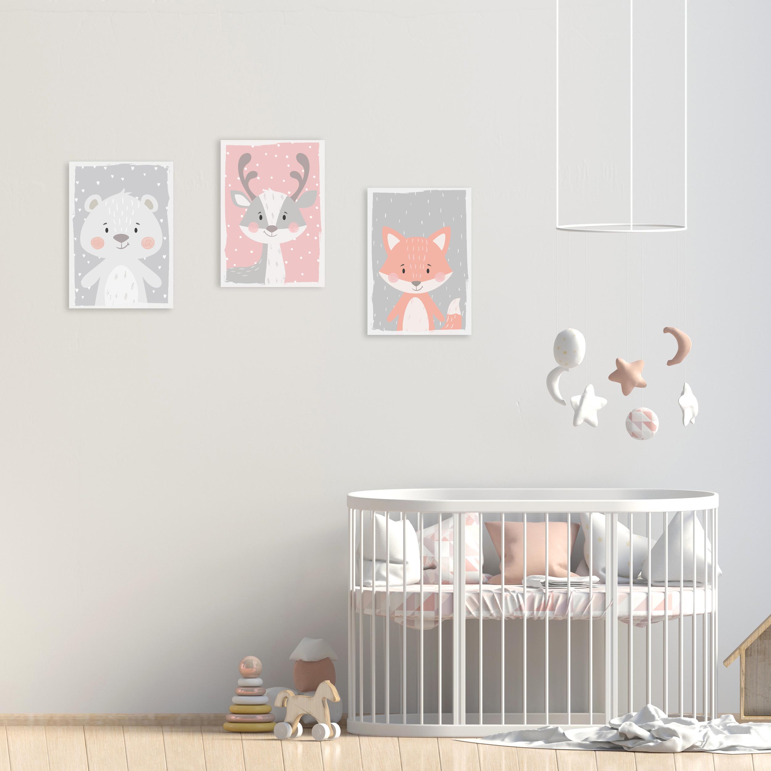 Bilder 3er Set Babyzimmer A4 Wandbilder Deko Für Mädchen Jungen Kinderzimmer Tiere Bär Fuchs Hirsch