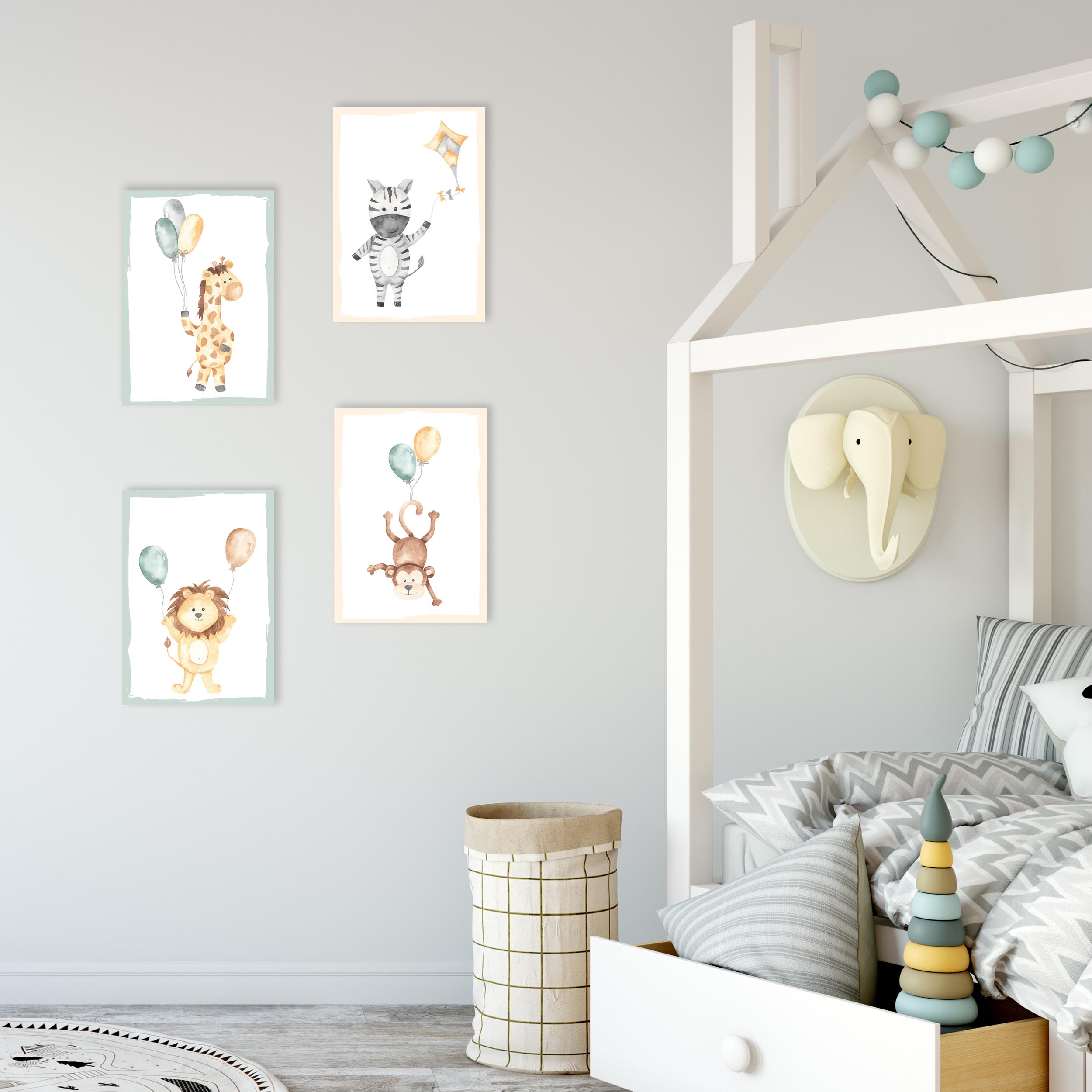 Bilder 3er Set Babyzimmer Kinderzimmer Mädchen Jungen Poster A4 süße Wandbilder Deko Dekoration Tiere Tiermotive Rosa Grau 